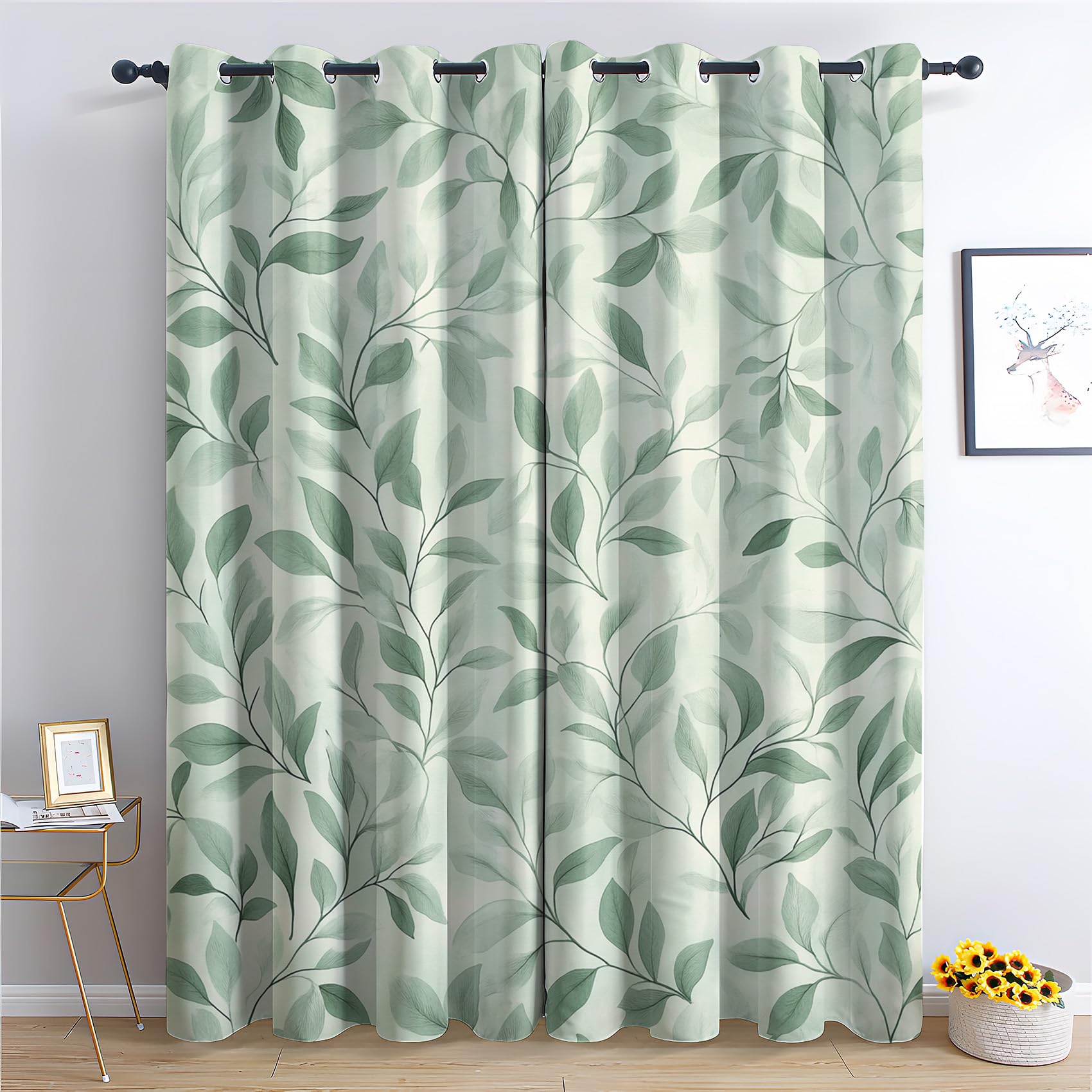 Rideaux Occultant Vert Sauge, Rideau Isolant Thermique pour Salon Chambre, Motif Feuille Verte, Lot de 2 Décoration de Fenêtre Opaque 140x240cm LxH, à Oeillets