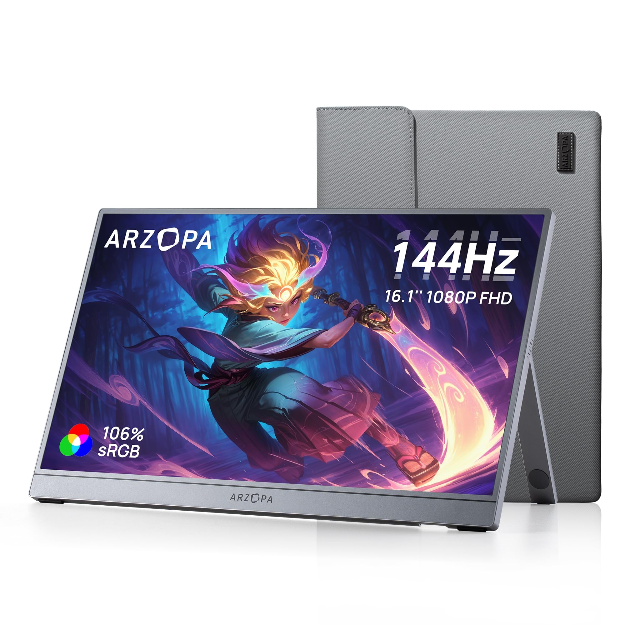 ARZOPA Monitor Gaming Portatile 16.1" 144Hz, 106% sRGB FHD 1080P con Supporto, HDR, Ultra Sottile, Eye Care, Secondo Schermo per PC, Console, Mac - Z1FC Grigio