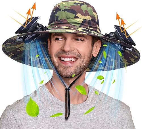Miniatura 9 de Berlune Sombrero de sol para hombre con 2 ventiladores solares, sombreros de pesca de ala ancha, sombrero de sol para acampar al aire libre, playa,