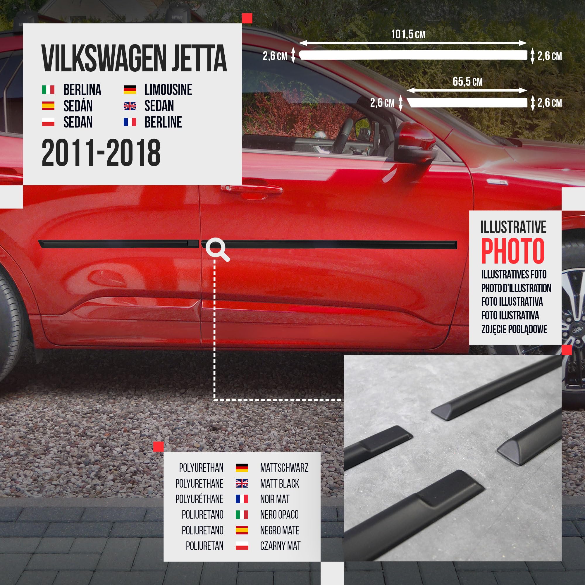 CHROMEMASTER | Listwy boczne drzwi | Kompatybilne z VW Jetta Sedan 2011-2018 | Poliuretan, Kolor Czarny | Listwy Boczne Zabezpieczają Drzwi Samochodu Przed Uszkodzeniem