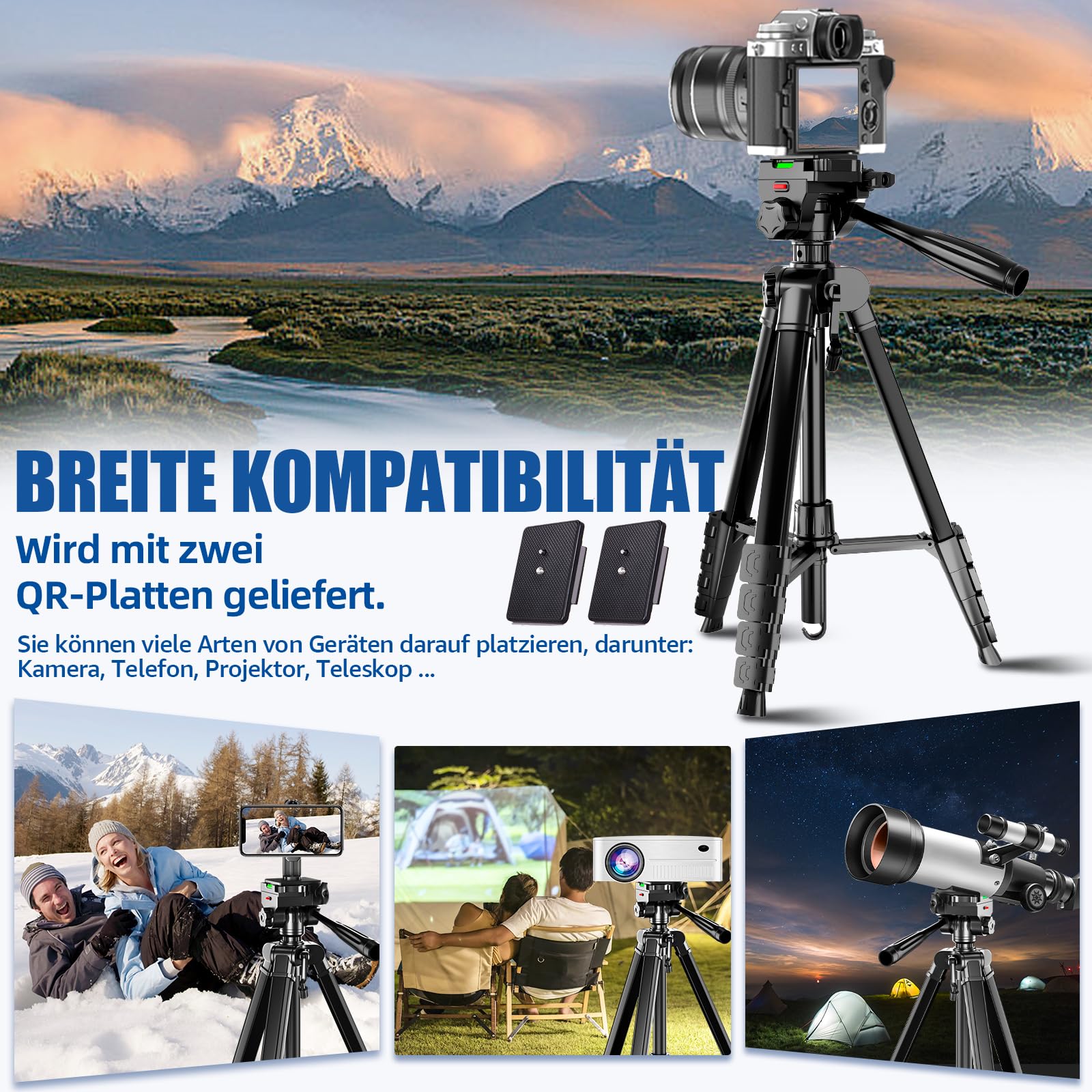 Lusweimi 187cm Kamera Stativ, Aluminium Reisestativ mit 360° Panorama Fluidkopf&2 QR-Platten für Sony/Nikon/Canon, Telefonstativ mit Handyhalter/Fernbedienung für Tiktok/YouTube/Vlog/Video (555+)