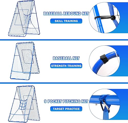 Miniatura 6 de Red de rebote de lanzamiento de béisbol, objetivo de bateo de 9 hoyos, redes de entrenamiento de softbol con zona de ataque, 2 redes de