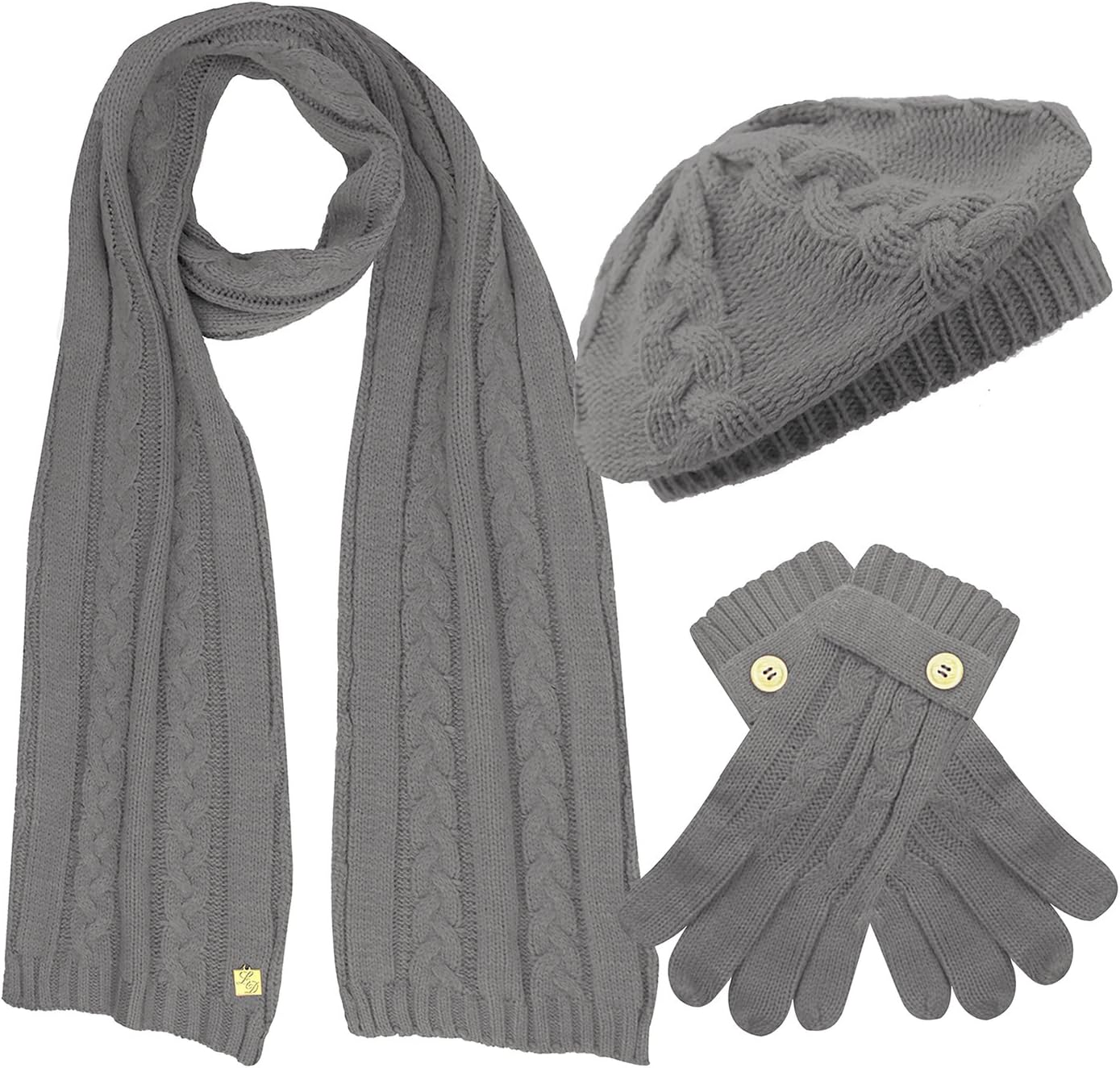 Dark Grey Cable Knit Beret Hat Scarf & Glove Matching 3 Piece Set Set