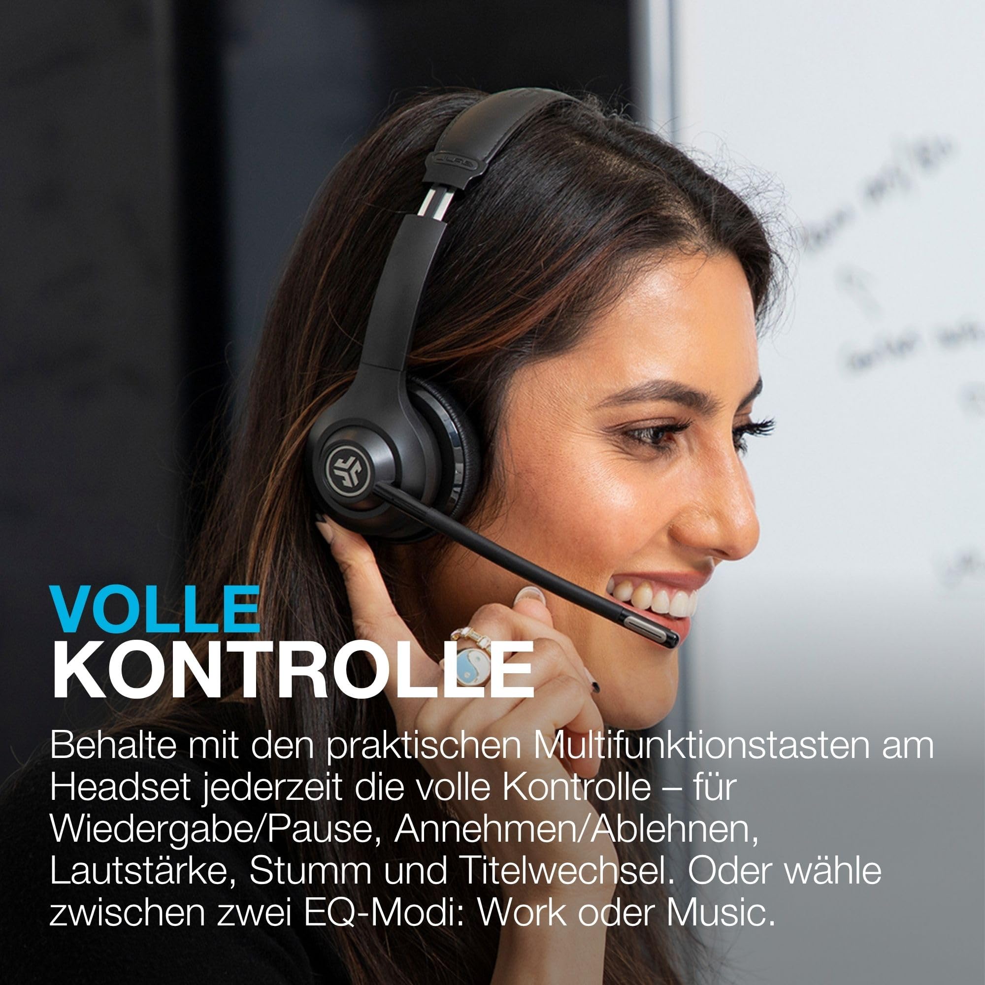 JLab Go Work 2nd Gen Bluetooth Headset mit Mikrofon & USB C Dongle, Akku 55h+, Wireless Headset PC mit Noise Cancelling Mikrofon, kabellos & per Kabel, Multipoint, für Handy, Office, Büro