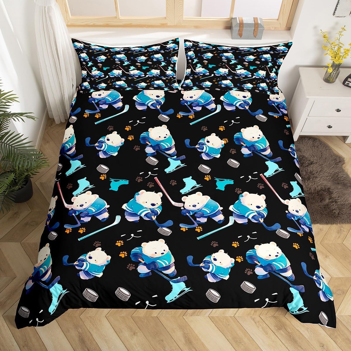 Kawaii Polar Bear Duvet Cover Set Toddler Size,Winter Ice Hockey Skate Sports Games Bedding Set,Boys Girls Room Decor,Cartoon Animal Paws Print Comforter Cover,Black Quilt Cover,1 Pillowcase,No Filler