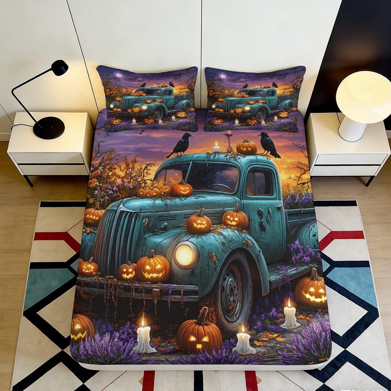 3D Printed Halloween Pumpkin Fitted Sheet Microfiber Vintage Truck Bed Cover for Bedroom Decor Dustproof Easy Care 90x200x25cm