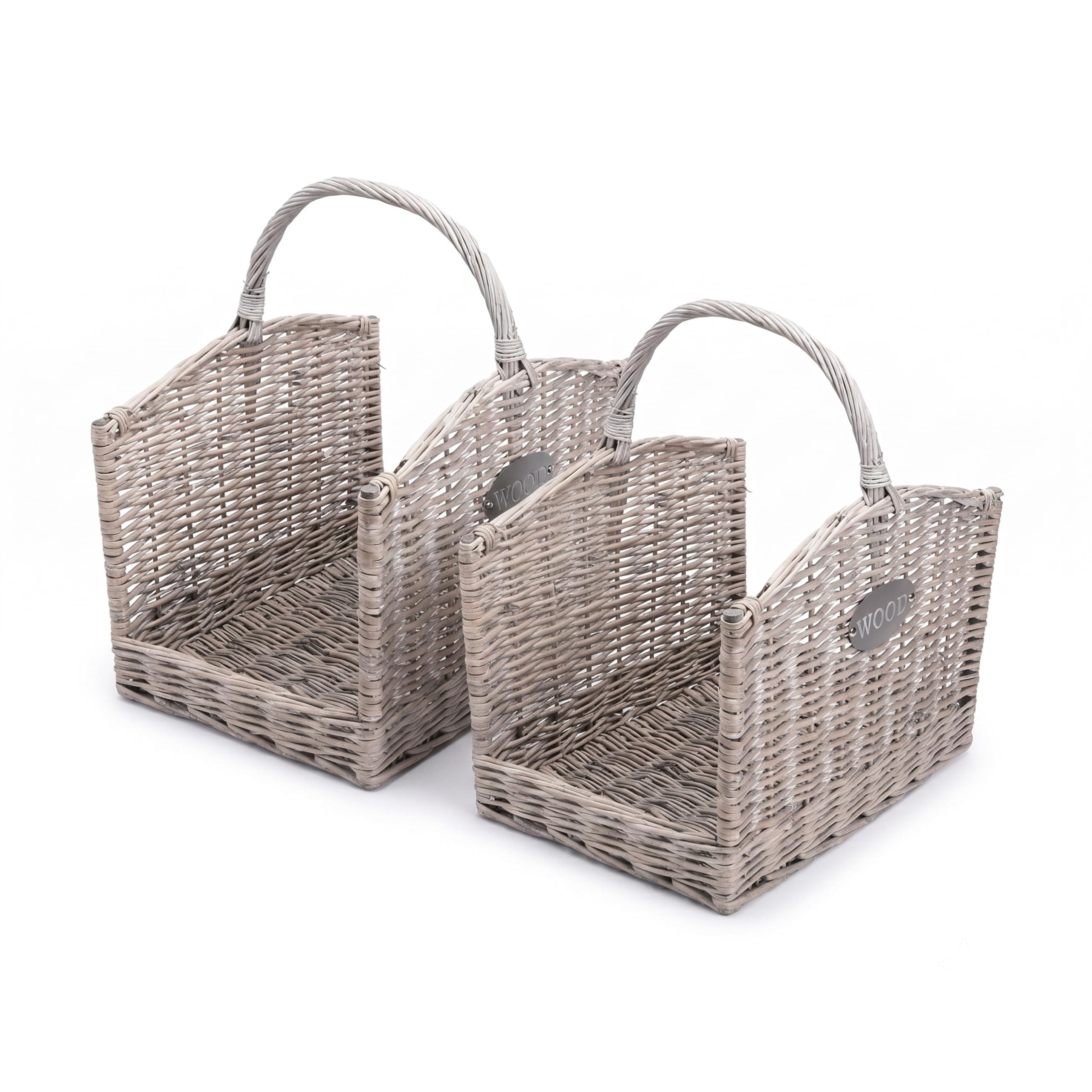 Wickerfield Grey Wicker Log Basket, Firewood Basket With Handle, Rustic Fireside Wood Storage Basket For Fireplace, Wood Burner And Kindling (Set (L+M))