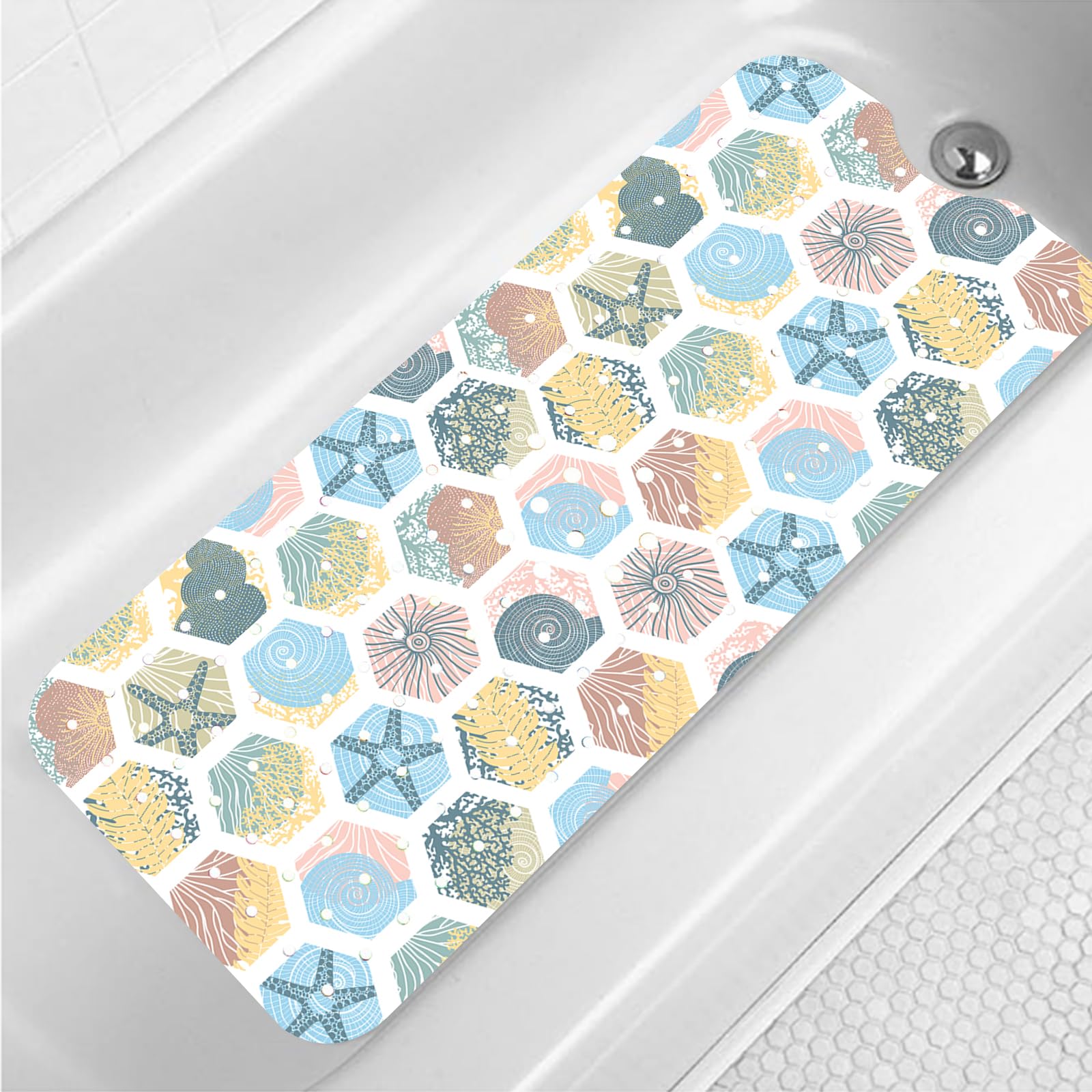 Starfish Bathtub Mat Non Slip for Kids 40x16in Extra Long Anti Slip Geometry Bath Mat for Tub Abstract Bath Shower Mat with Large Drain Holes and