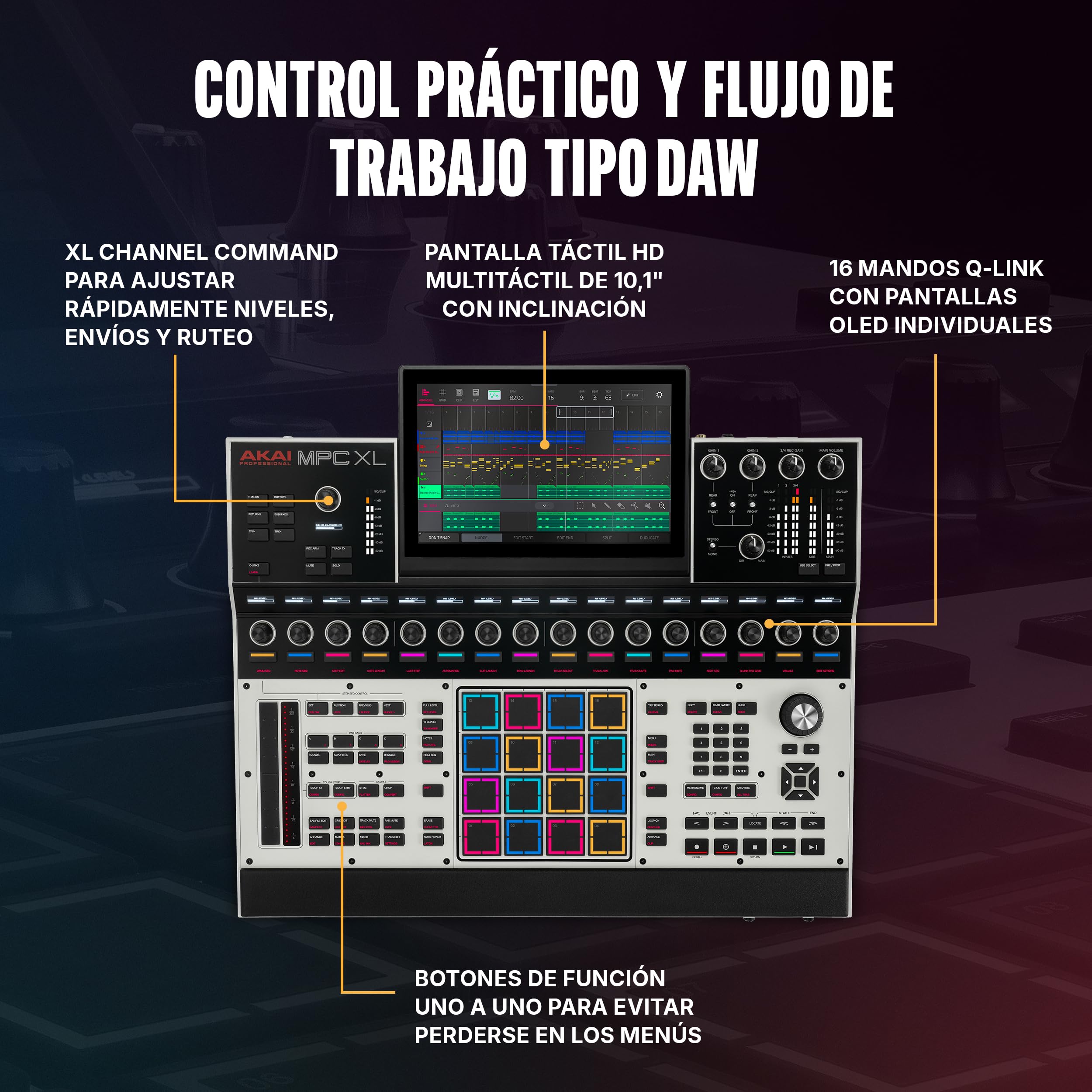 Akai Professional MPC XL Centro de Producción Musical Autónomo | Pads MPCe, Pantalla Táctil, CPU de 8 Núcleos, 16GB RAM, SSD de 256GB, para Sampling y Producción