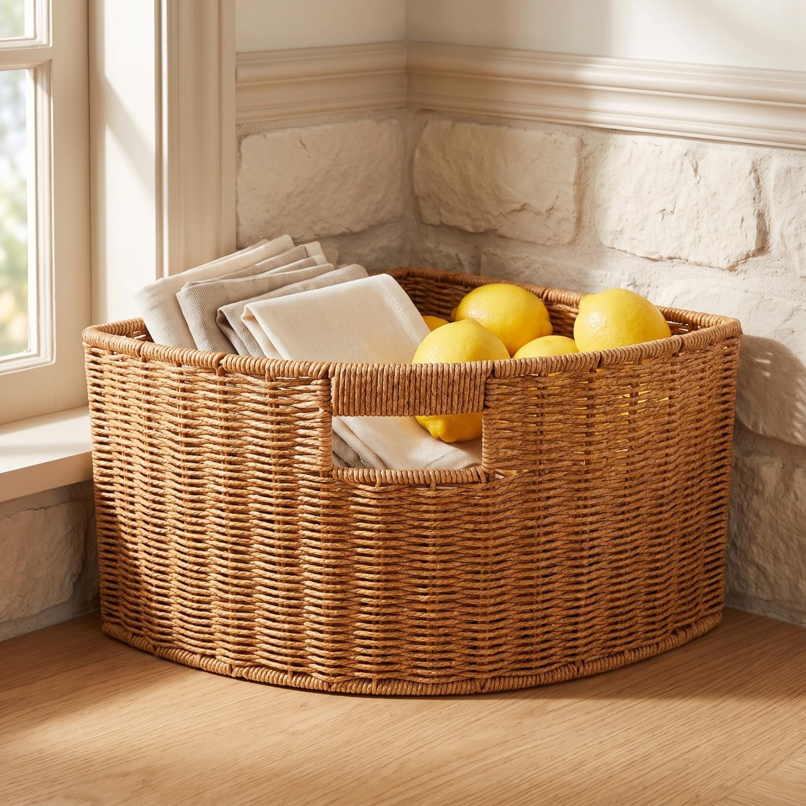 Toyvian Cesto portaoggetti triangolare in finto rattan, cesto portaoggetti angolare per armadio, per armadi, bagno, camera da letto e armadio, organizer leggero per la casa
