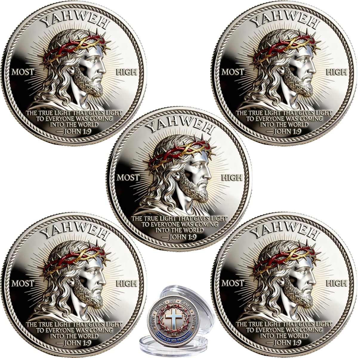 Yahweh Most High Christian Challenge Coin, Christian Jesus Challenge Coin with Crown of Thorns, Living in His Promises Faith & Cross Commemorative Coin, Religious Gift for Men Women (5PCS)