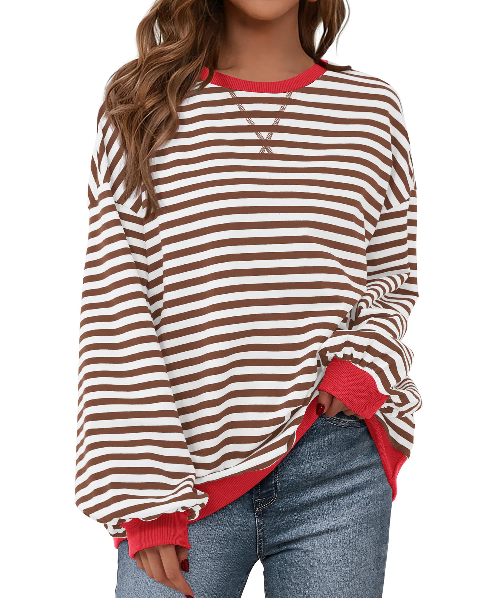 BTFBM Womens Striped Pullover Tops Spring Fall Clothes 2025 Long Sleeve Shirts Trendy Crew Neck Loose Y2K Sweatshirts
