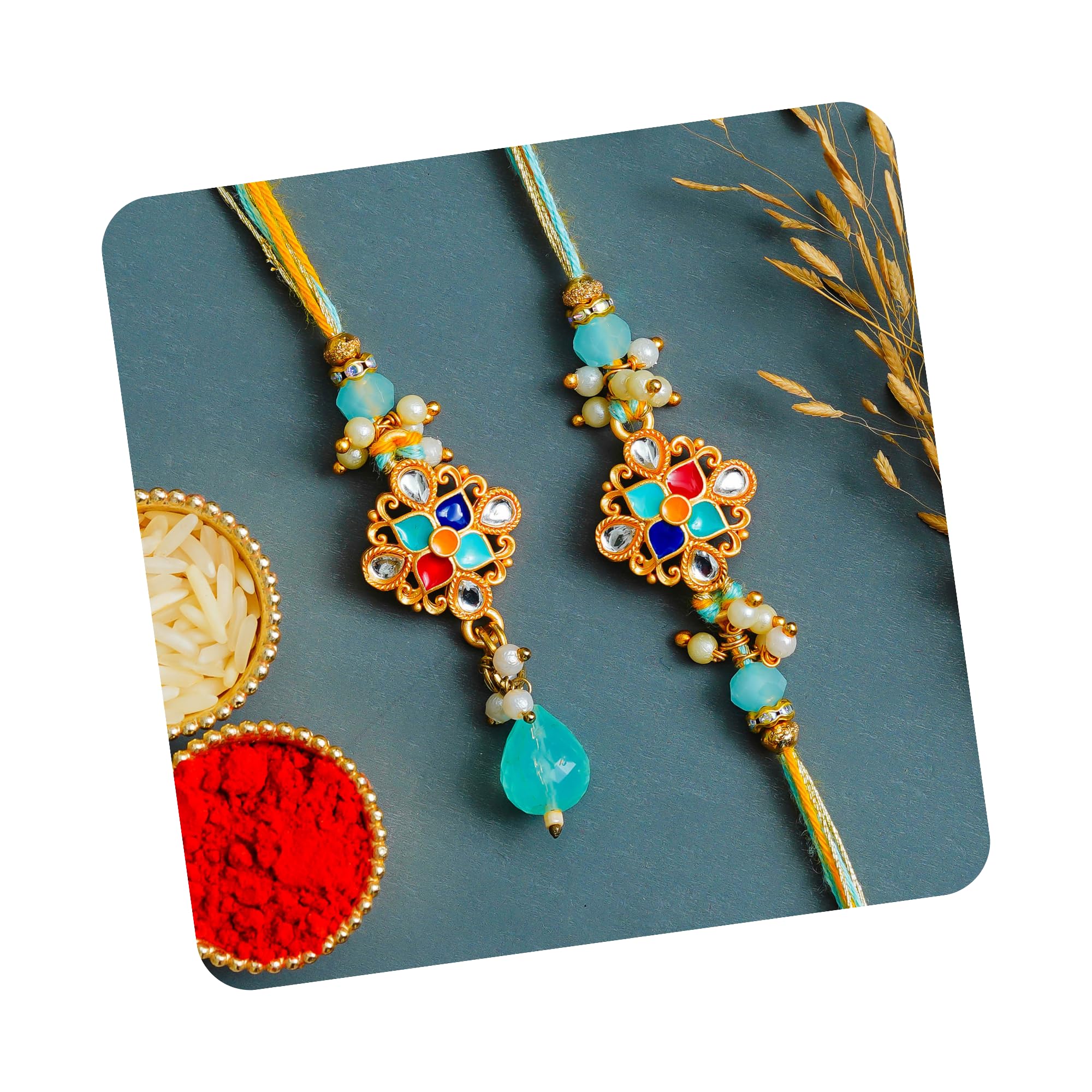 Multicolor Kundan Designer Rakhis for Brother and Bhabhi | Bhaiya Bhabhi Rakhi Set of 2-image-20
