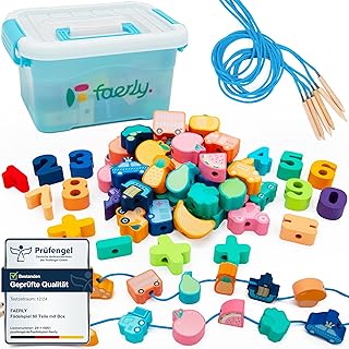 Faerly® Threading Game 60 Pieces + Box - Montessori Toy from 2 3 4 5 6 Years for Children Educational Games Farm Motor Skills Toy Wooden Toy Fine Motor Skills