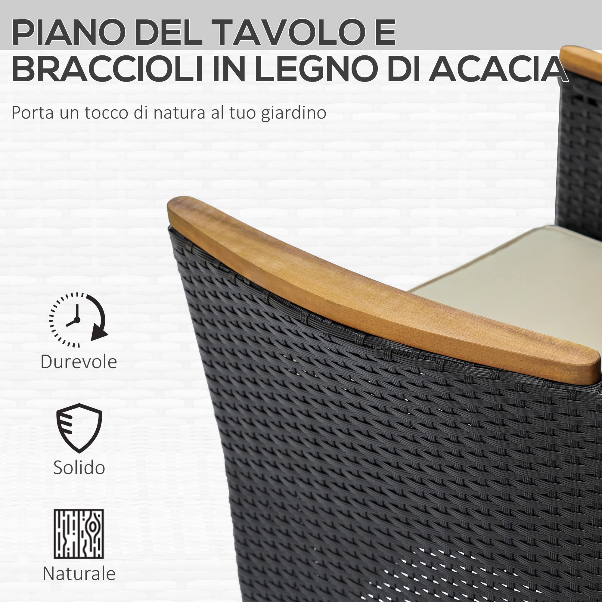 Outsunny Set Tavolo e Sedie da Giardino 7 Pezzi in PE Rattan e Legno, Mobili da Esterni con Cuscini Morbidi, Nero