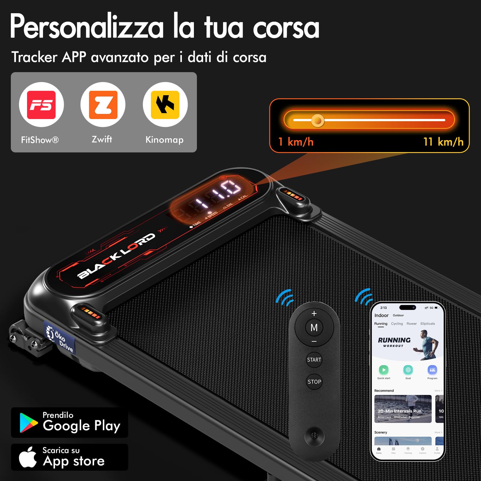 BLACK LORD Tapis roulant X7, Walking Pad sottoscrivania, Motore silenzioso 3.0CV, Portata 130kg, Tracciamento Bluetooth, 3 livelli inclinazione, Nastro antiscivolo (Senza maniglione, Nero)
