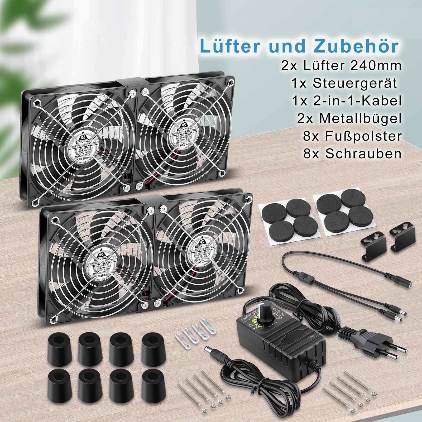 GDSTIME - 4 ventole per computer da 120 mm, DC 12 V, con ventola AC 230 V, controllo della velocità regolabile da 3 V a 12 V, per laptop, armadio, telaio del server, ventilazione, per cambiare ventole
