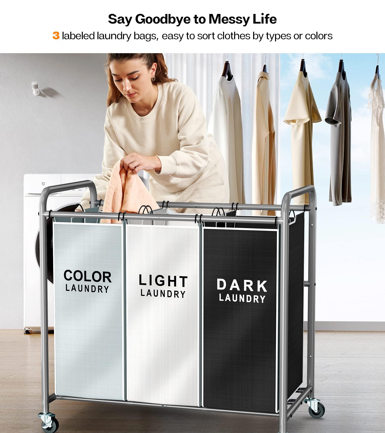 ROMOON Organizador de ropa sucia, cesta de lavandería de 3 secciones con ruedas, cesta de lavandería rodante con gran capacidad y bolsas extraíbles para almacenamiento de ropa, multicolor