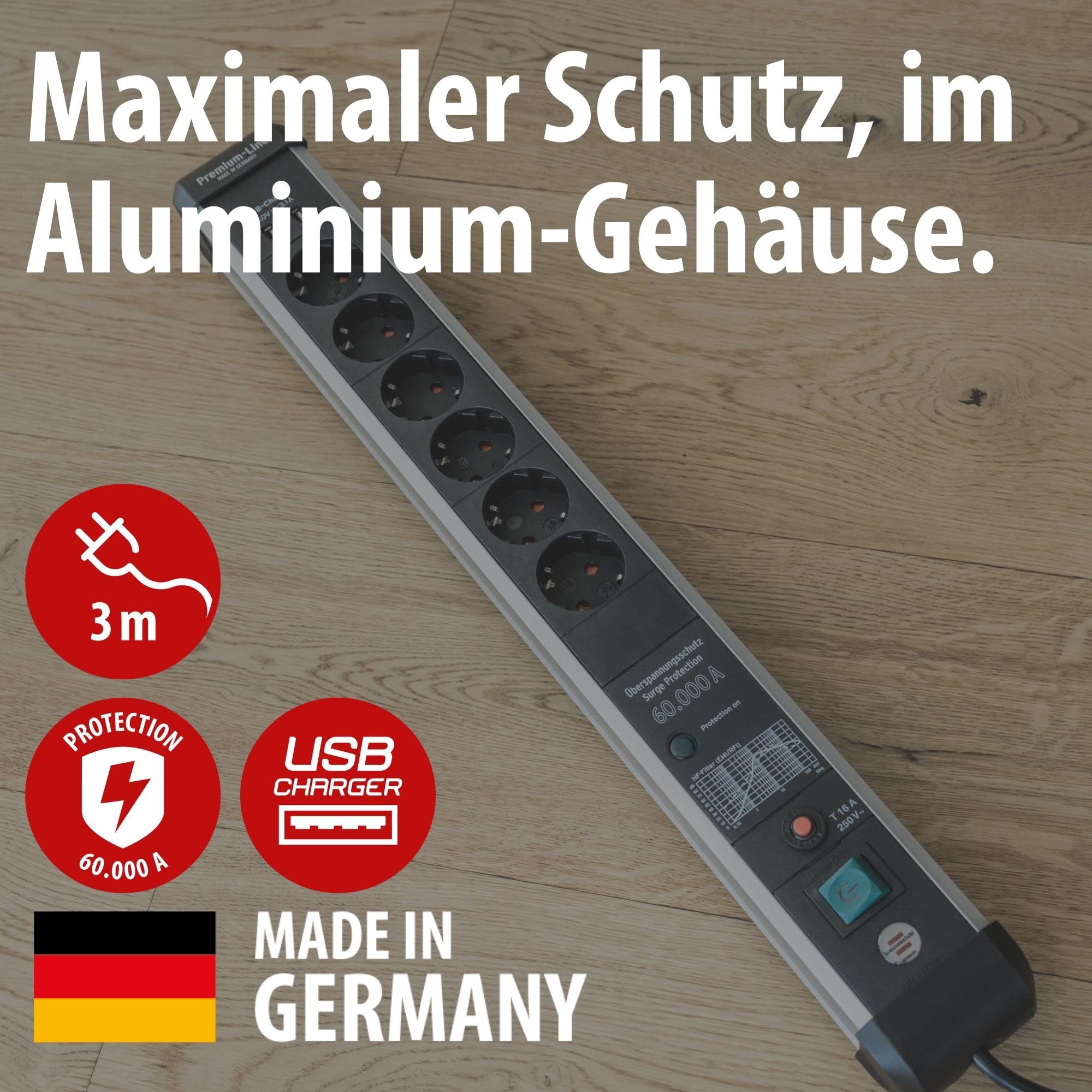 Brennenstuhl Premium-Protect-Line Steckdosenleiste 6-Fach mit USB, 3m | Mit Überspannungsschutz, Mehrfachsteckdose mit Schalter, 2-fach USB 3,1 A, Made in Germany, silber/schwarz