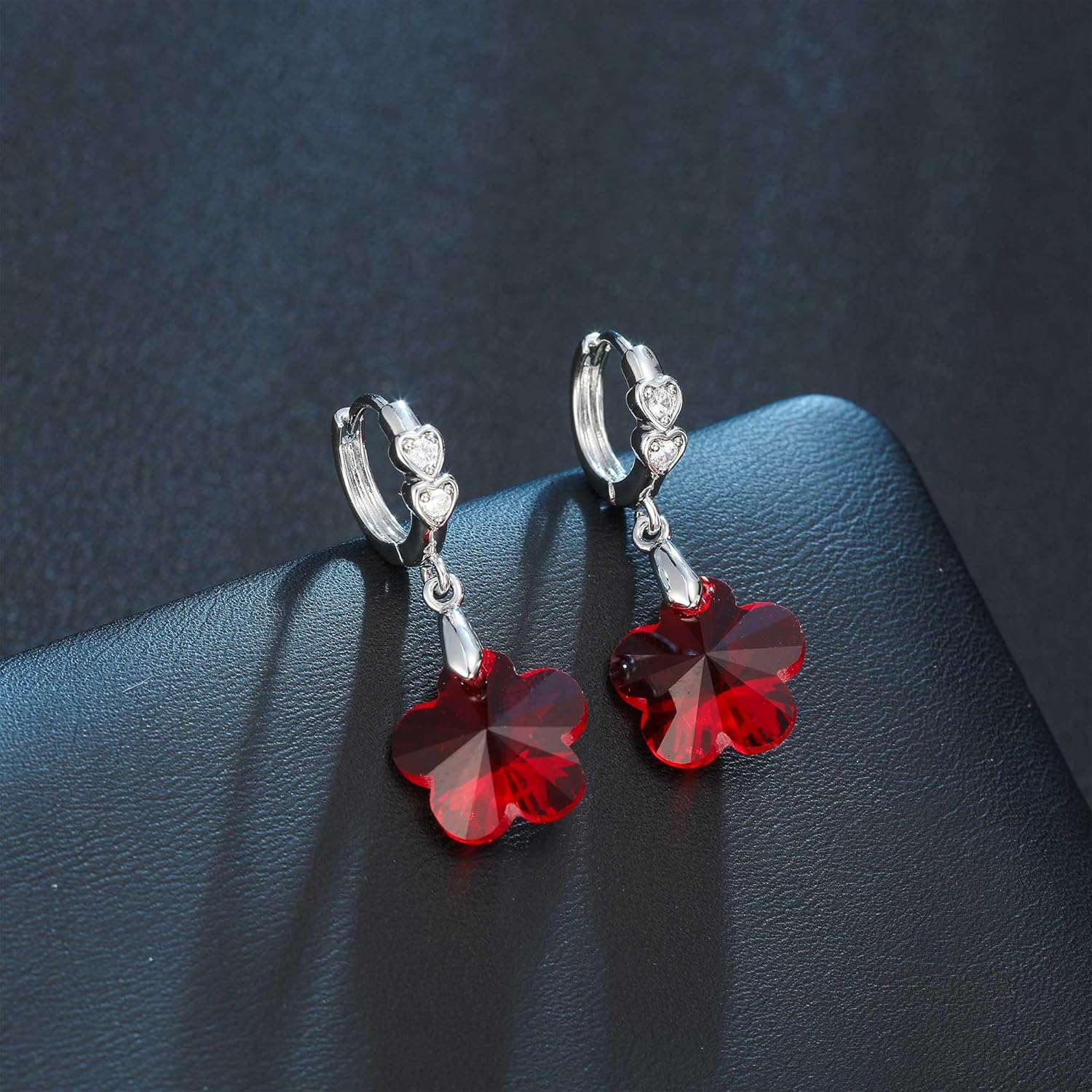 EVEVIC Trendy Austrian Crystal Flower Drop Leverback Earrings for Women 14k White Gold Plated Huggie Earring Hypoallergenic Jewelry Gift - Image 4