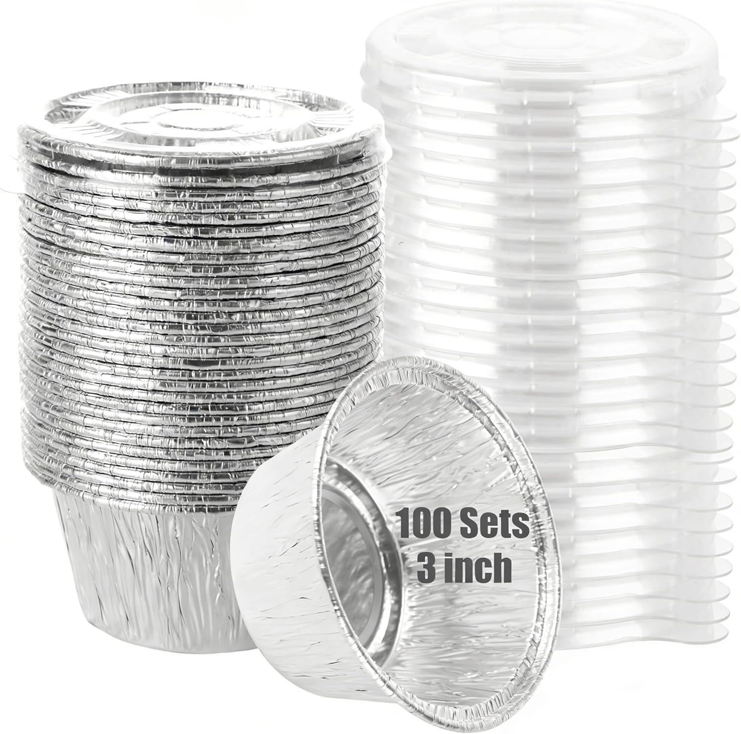 CYEAH 100 Set Aluminum Cups with Lids, 3.4 oz Mini Aluminum Foil Baking Cups, Disposable Ramekin Baking Cups Muffin Liners Mini Pie Pans, Foil Cupcake Containers for Pudding Muffin Dessert