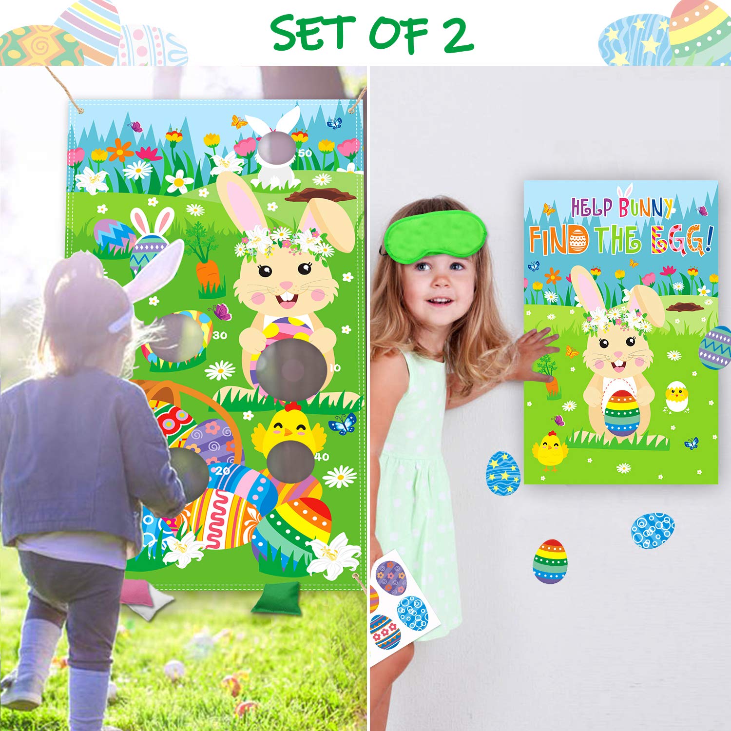 CiyvoLyeen Easter Games Kit, Bunny Toss Games Banner Beanbags Cornhole Game Pin The Egg Game Help Bunny Find The Egg Large Poster for Kids Adults Family School Indoor Outdoor Party Ideas
