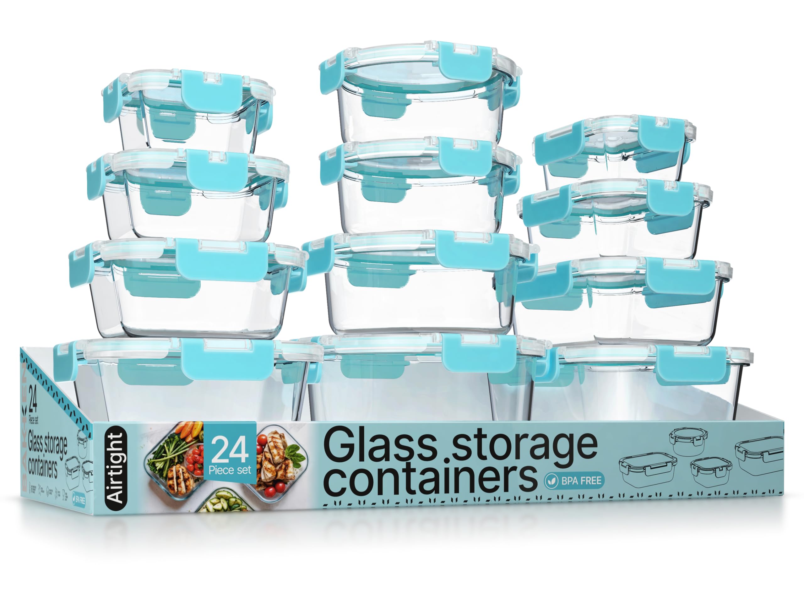 Bakken Borosilicate Glass Food Storage Containers with Lids 24 Pieces, BPA-Free Stackable Lunch & Leftover Containers, Microwave, Freezer & Dishwasher Safe, 100% Airtight Leak-Proof, Aqua