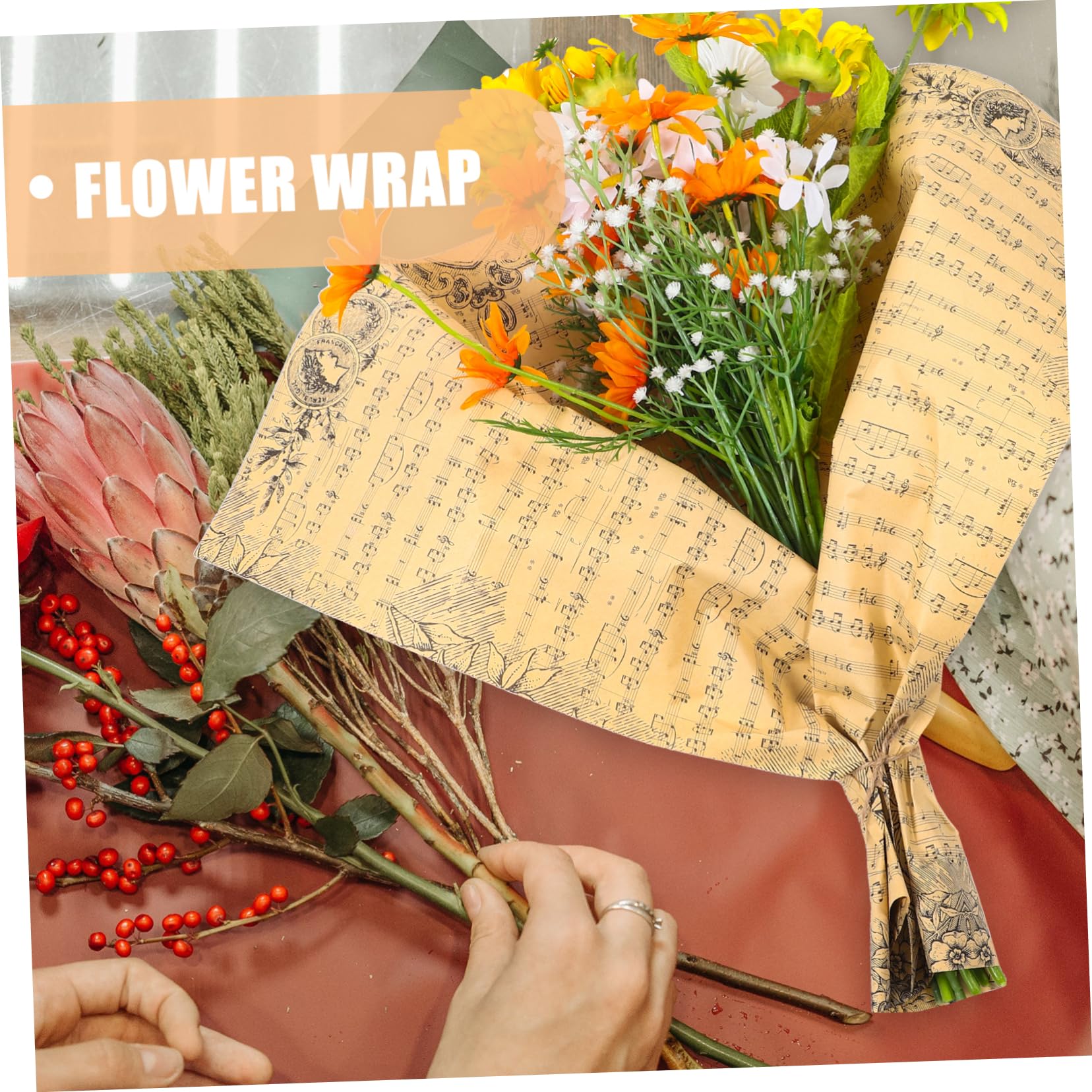 Gatuida Carta da Regalo Vintage per Bouquet di Fiori Note Musicali Nere, Set da 20 Fogli in Carta Kraft Resistente, Confezionamento Floreale per Regali Natalizi e Festività