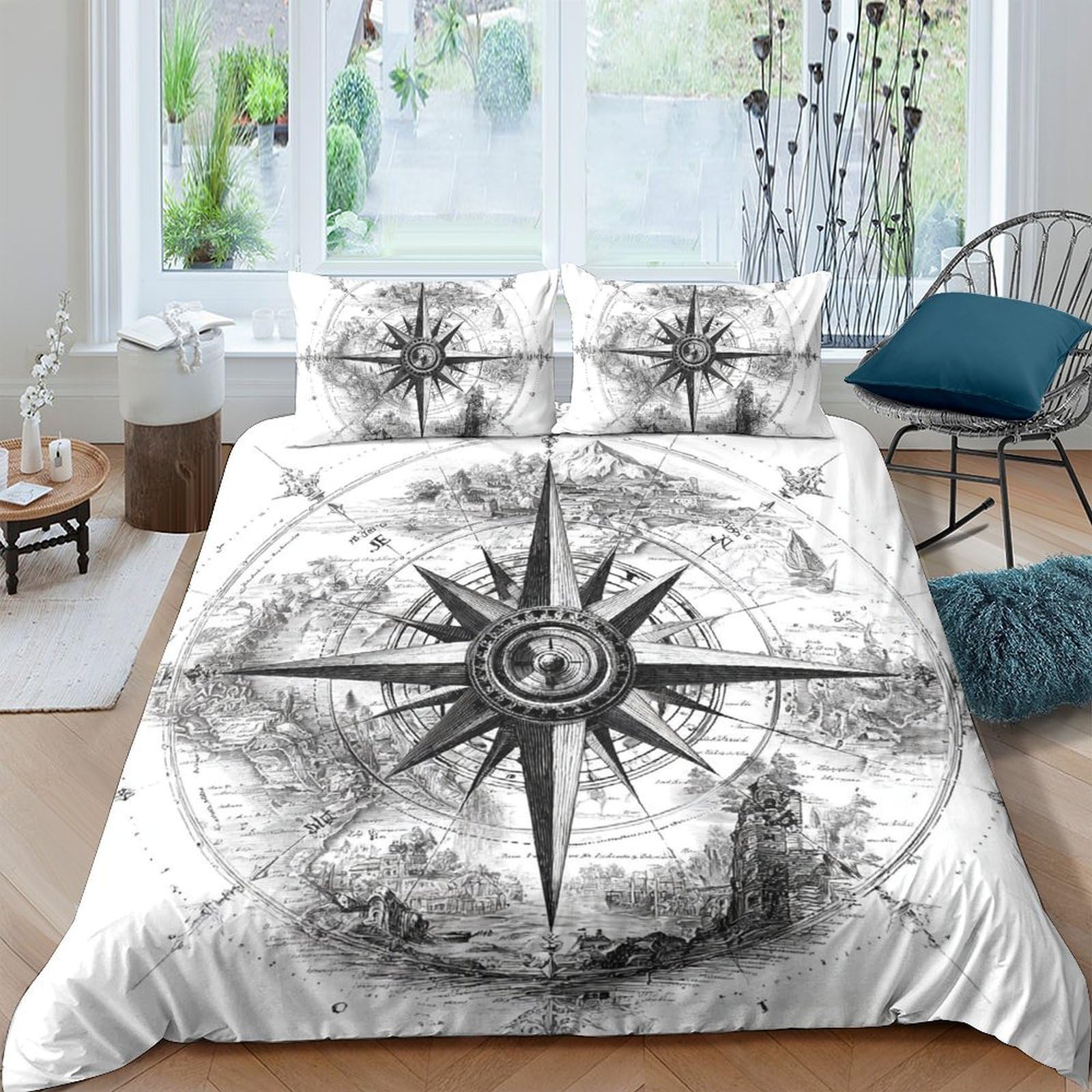 Ctjqhvkz Style-9 3D Printed Vintage Compass Fitted Sheet Microfiber Soft Breathable Nautical Map Mattress Cover Bedroom Decor Single（135X200cm）