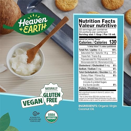 Miniatura 2 de Heaven & Earth Aceite de coco virgen orgánico sin refinar de USDA, 16 onzas, tarro de vidrio, prensado en frío, aceite de coco para cocinar, cabello