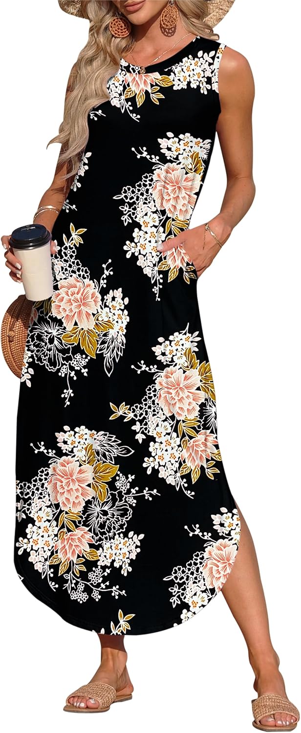 AUSELILY Womens Summer Dresses 2025 Casual Sleeveless Maxi Dress Loose Crewneck Sundresses Split Long Tank Dress with Pockets