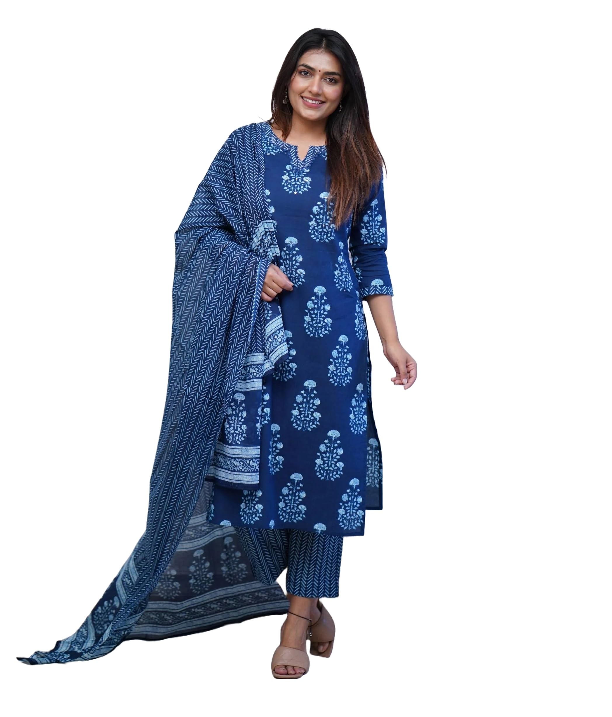 Nermosa Women Block Printed Straight Viscose Kurta And Pant Set With Dupatta For Traditional Look (Blue) (Large)