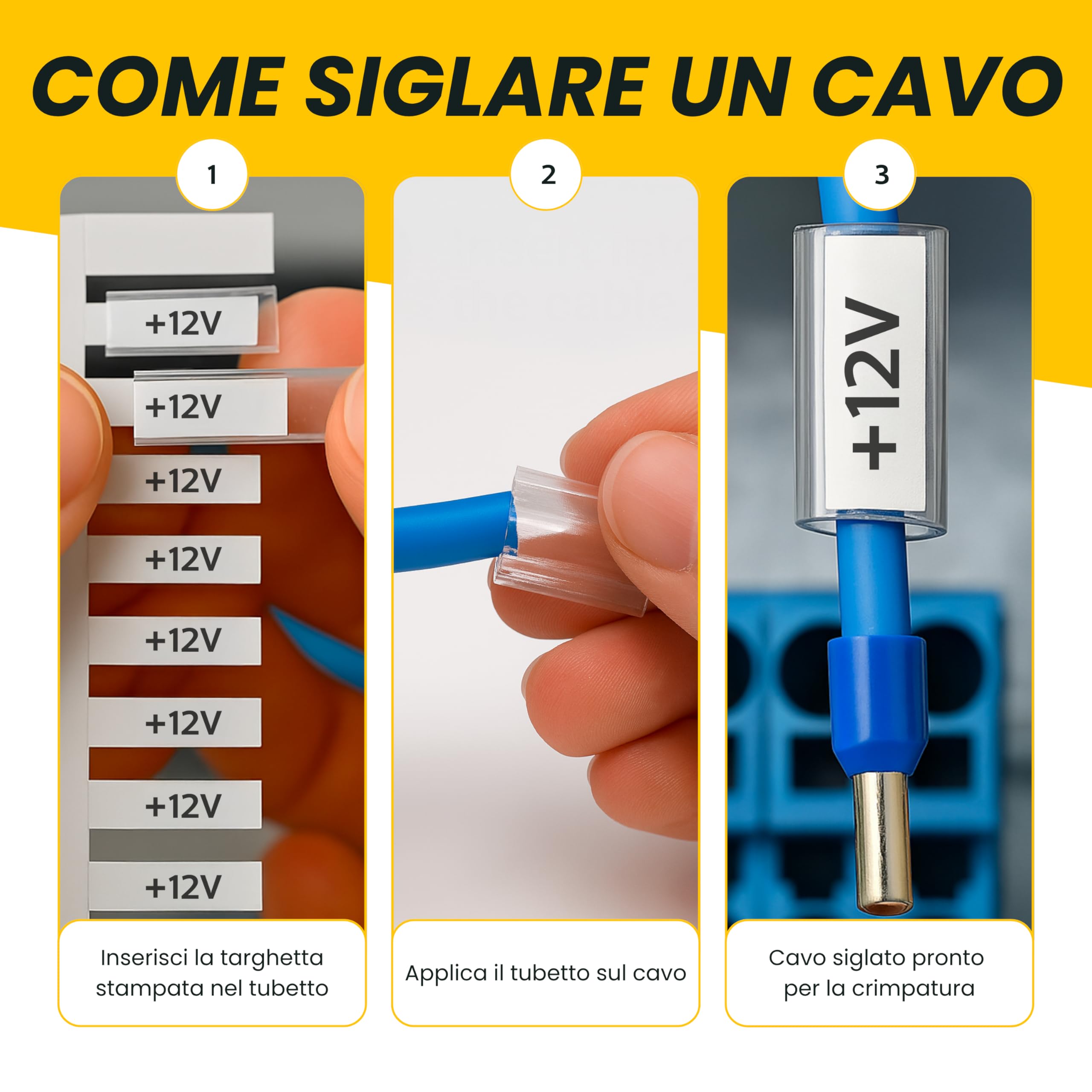 25 Card Targhette Segnacavo 4x10 FLAT 2800 tessere • PVC 0,5 mm (112×25 schede) • Per Tubetti da 0,5 mm • Compatibile con cod. 42040B Cembre • Giallo • RIDOTTO