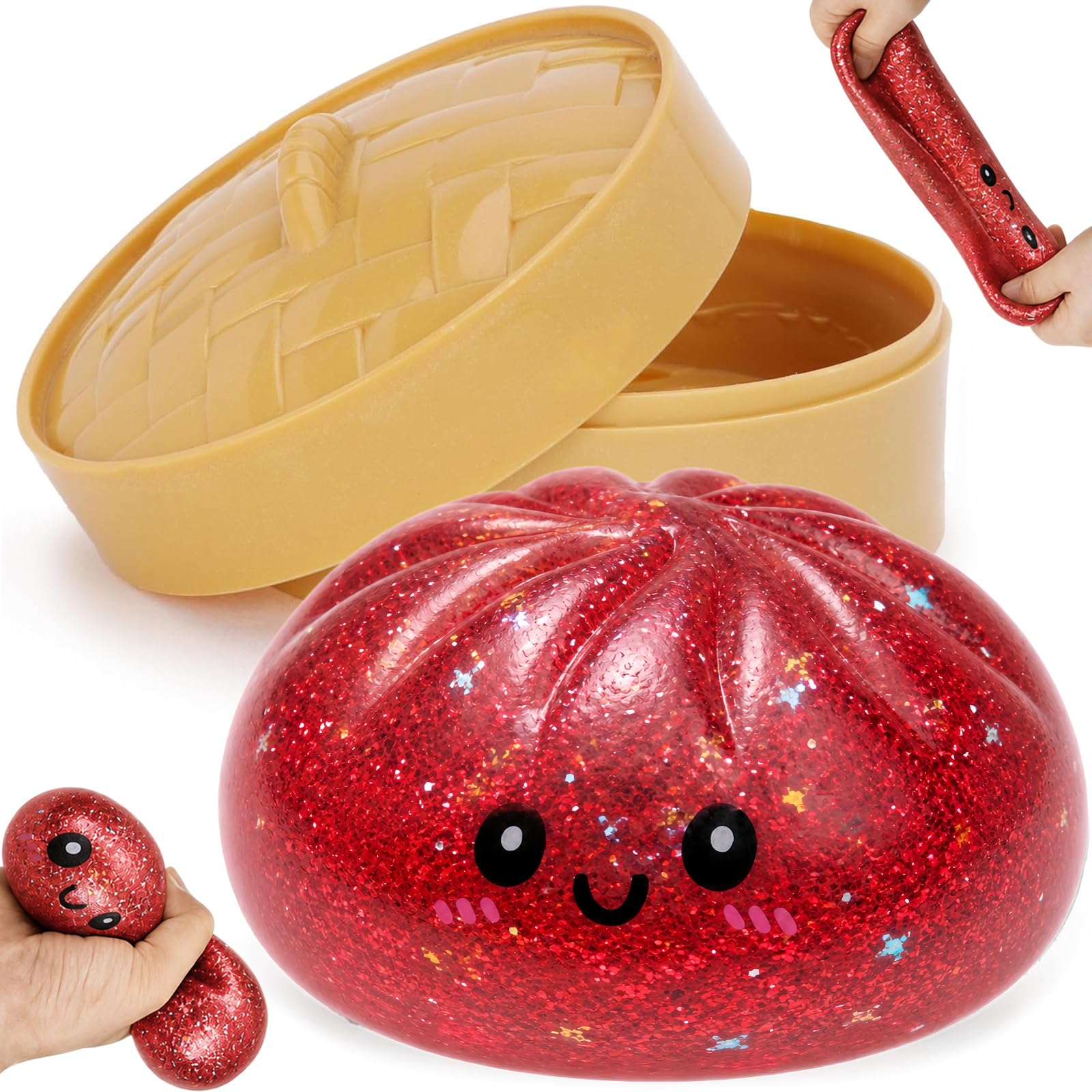 Giant Dumpling Squishys - Colorful Dumpling Stress Fidget, Squishys Dumplings Toy Mystery, Cute Soft Glitter Calming For Relaxation Boys Girls Children Adults Students Home Office Classroom (Red) — image 1
