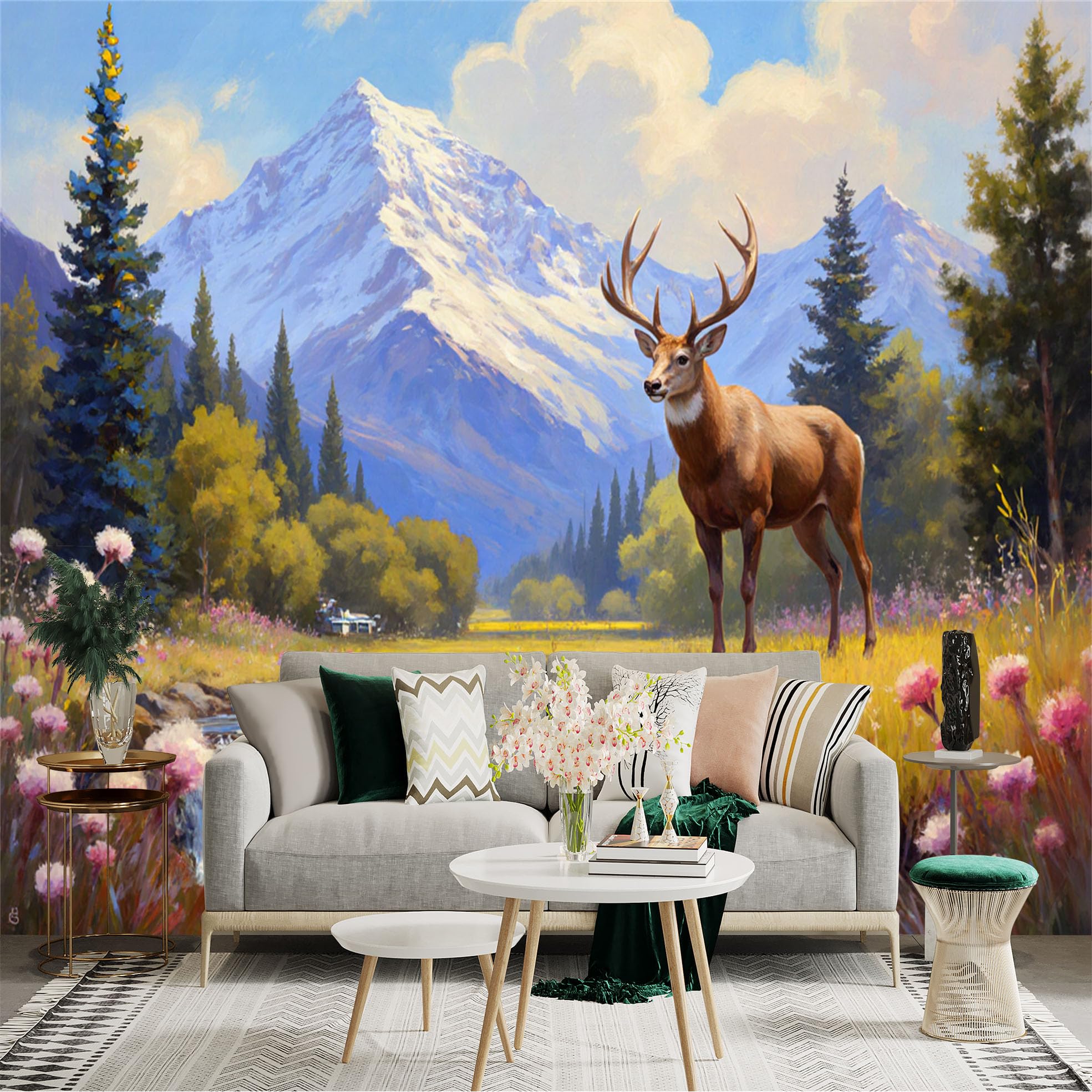 Lnzczhyre Xc260505253 Custom Size Wall Sticker Mural， Majestic Elk In Mountain Landscape， Flowing River And Wildflowers， Scenic Wilderness View， For Wall Decoration， Peelandstick Wall Decals.