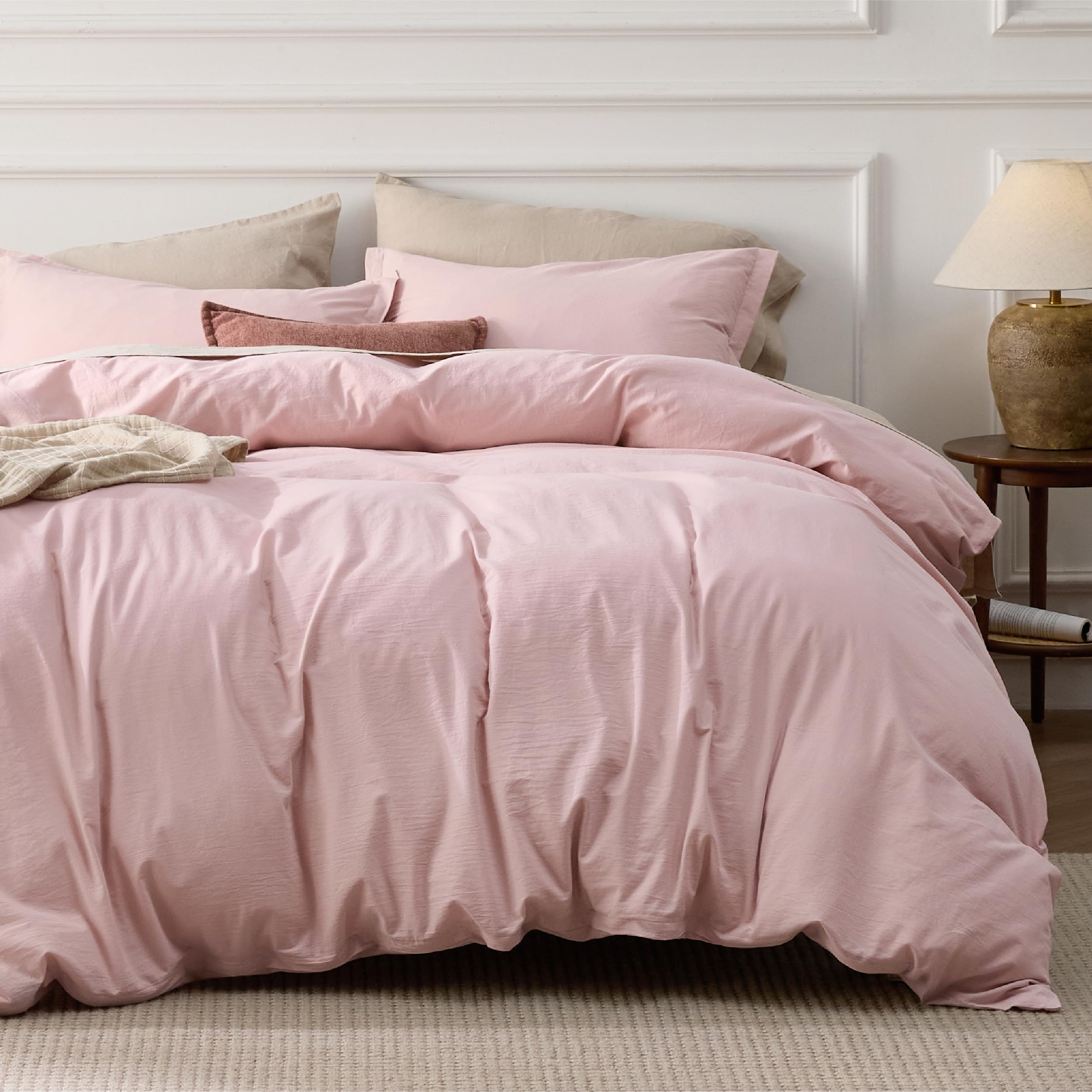 Bedsure 100% Stone Washed Cotton Duvet Cover King - Pink Minimalist Cotton Duvet Cover Set Linen Like - 3 Pieces Plain Simple Duvet Cover Set with 2 Pillow Shams (Pink, King, 104"x90")