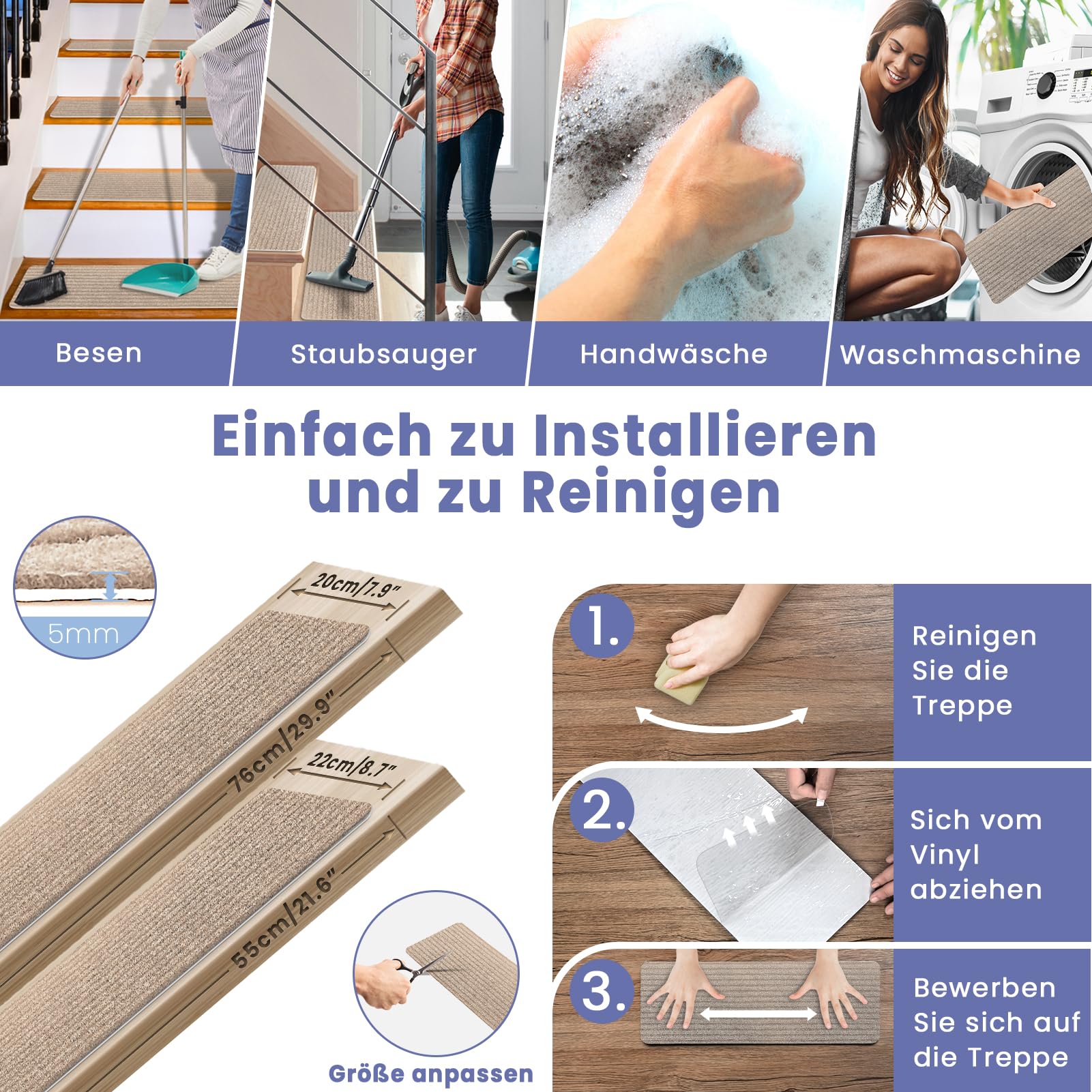 Treppenstufen Matten, Stufenmatten Selbstklebend Innen 15 Stück, Treppenstufen Antirutsch Zuschneidbar Wiederverwendbar für Schützen Sie Haustiere, Senioren Kinder (Beige, 76cm x 20cm)