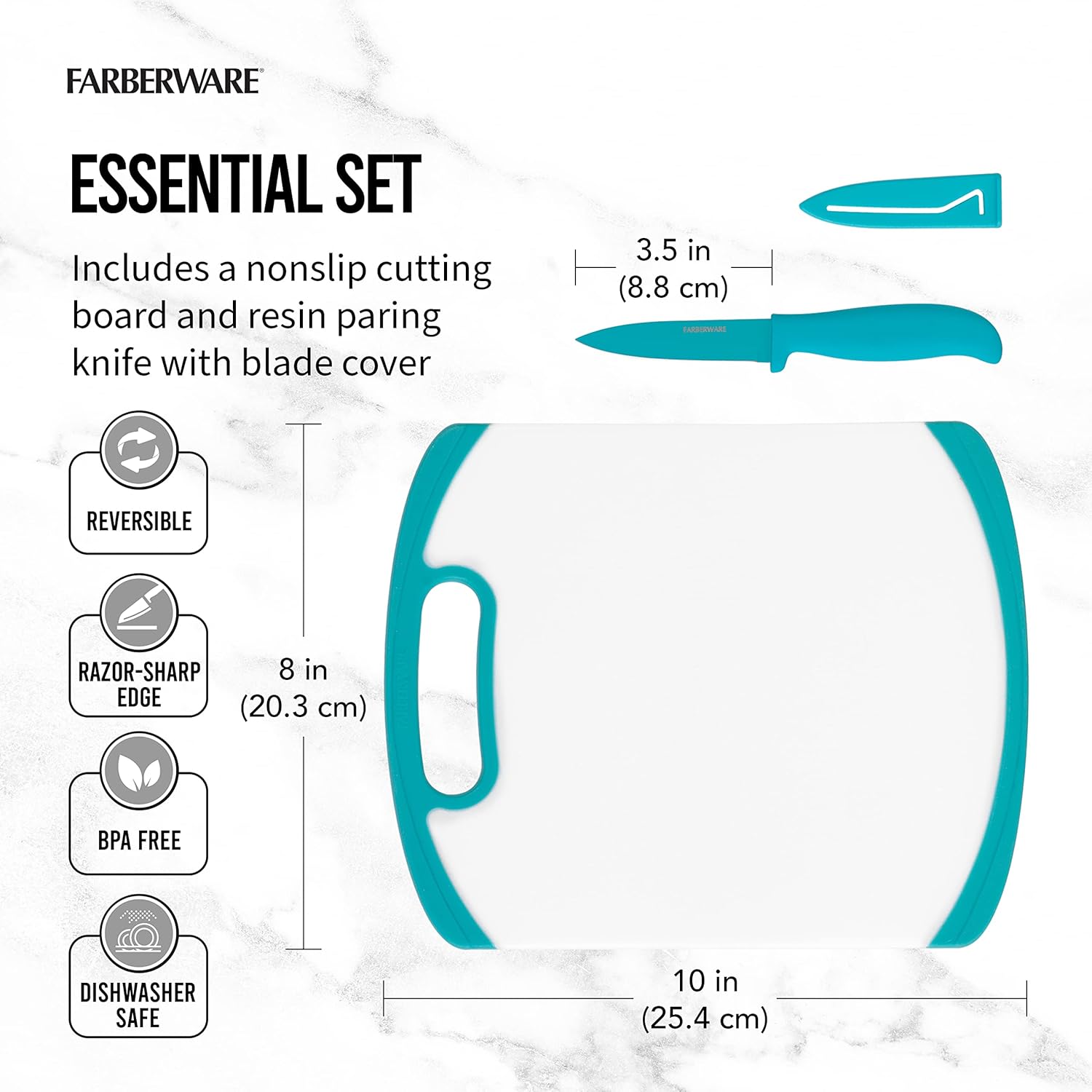 Farberware 2-Piece Paring Knife and Cutting Board Set, 3.5-Inch Paring Knife with Resin Coating and Custom-Fit Blade Cover and Non-Slip Plastic Chopping Board, Dishwasher-Safe Set, White/Blue - Image 2