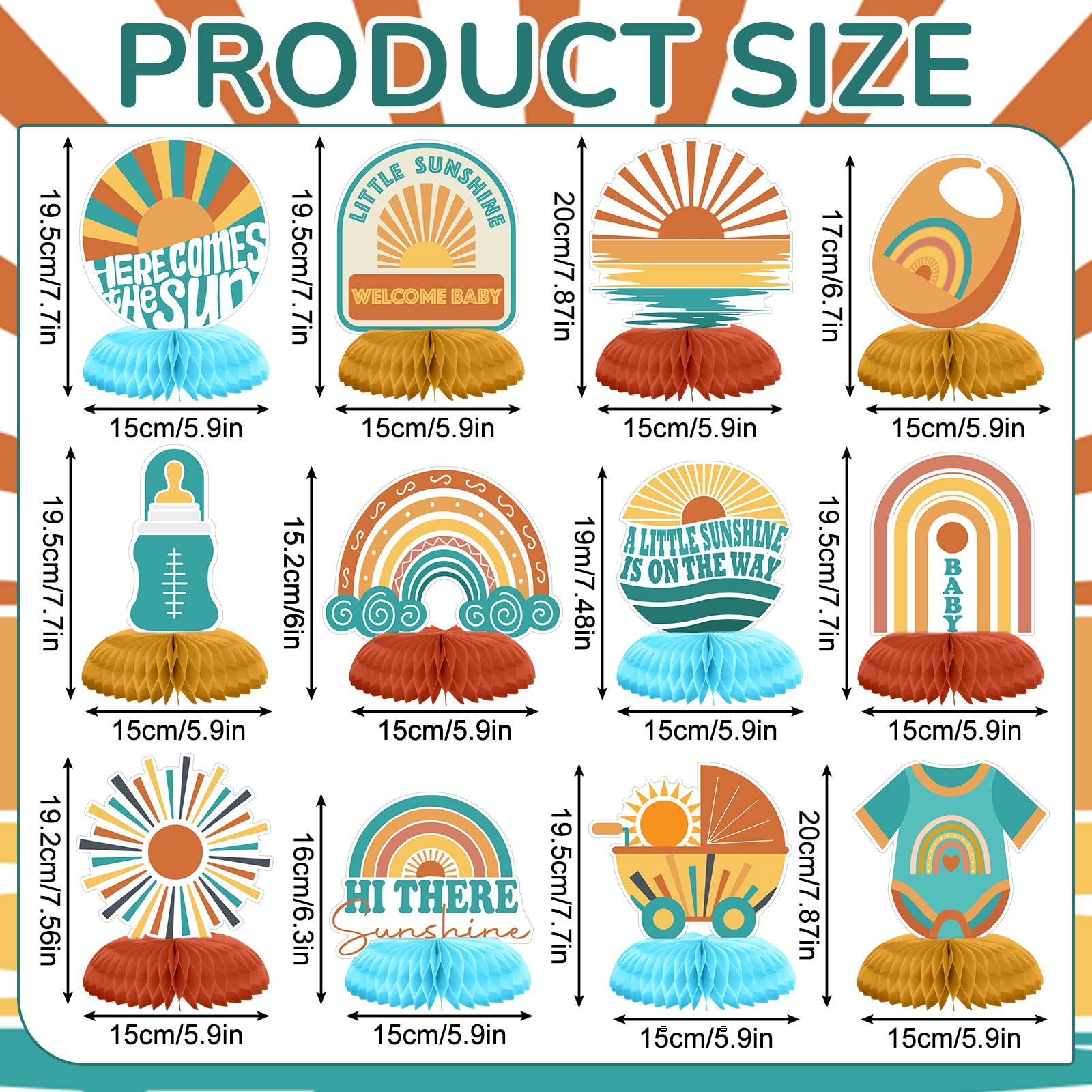 Gueevin 12 Pcs Here Comes the Son Honeycomb Centerpieces Set Here Comes the Son Baby Shower Decorations Boho Baby Shower Rainbow Sun Party Table Toppers Sunshine Table Decoration (Fresh Style)