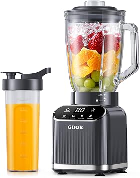 GDOR Professional Blender for Kitchen, 1200 Peak Watts Smoothie Blender, 5 Functions for Ice Crushing & Frozen Fruit, 52 Oz Glass Jar & 24 Oz To-Go Cup Combo, Self-Cleaning, Gray