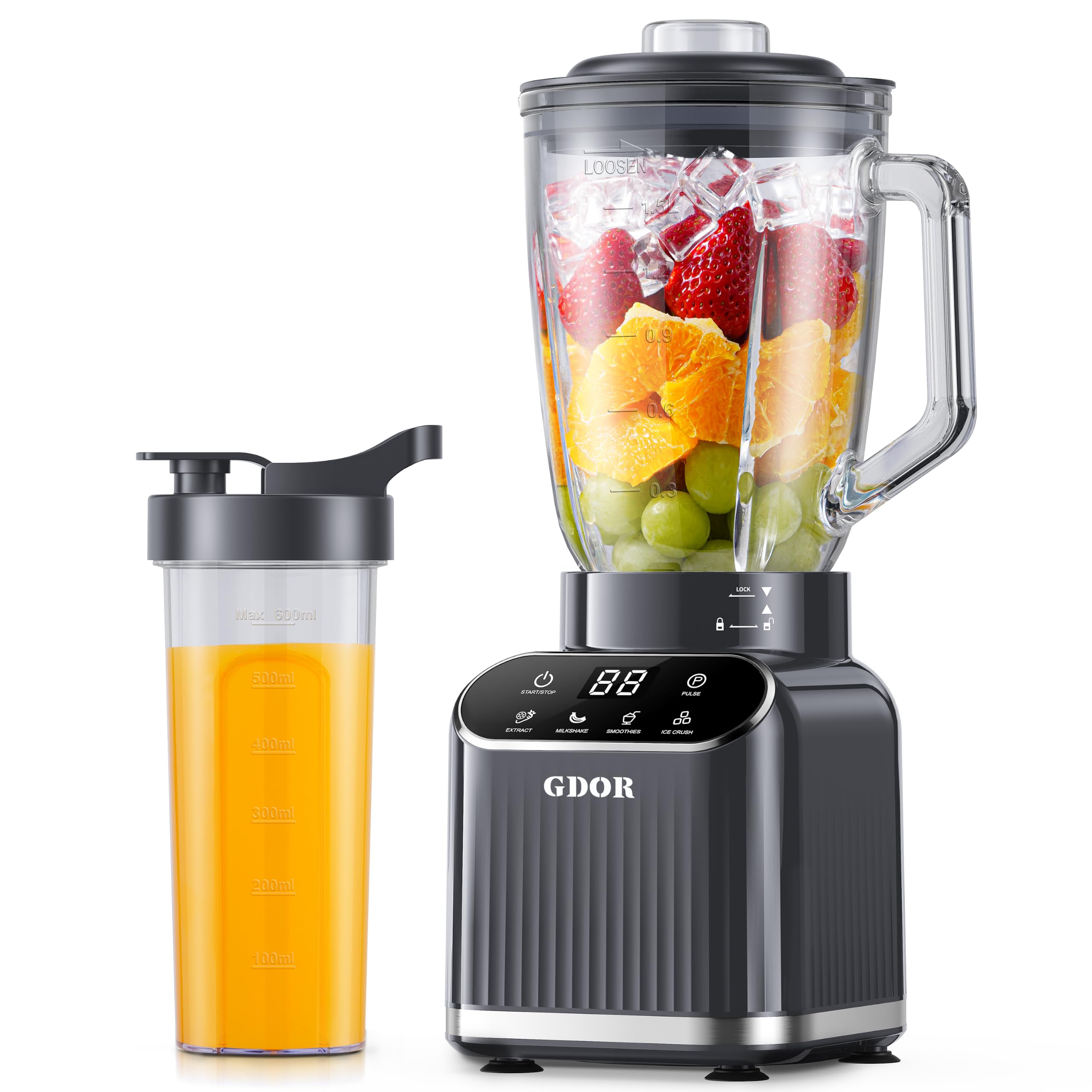 GDOR Professional Blender for Kitchen, 1200 Peak Watts Smoothie Blender, 5 Functions for Ice Crushing & Frozen Fruit, 52 Oz Glass Jar & 24 Oz To-Go Cup Combo, Self-Cleaning, Gray