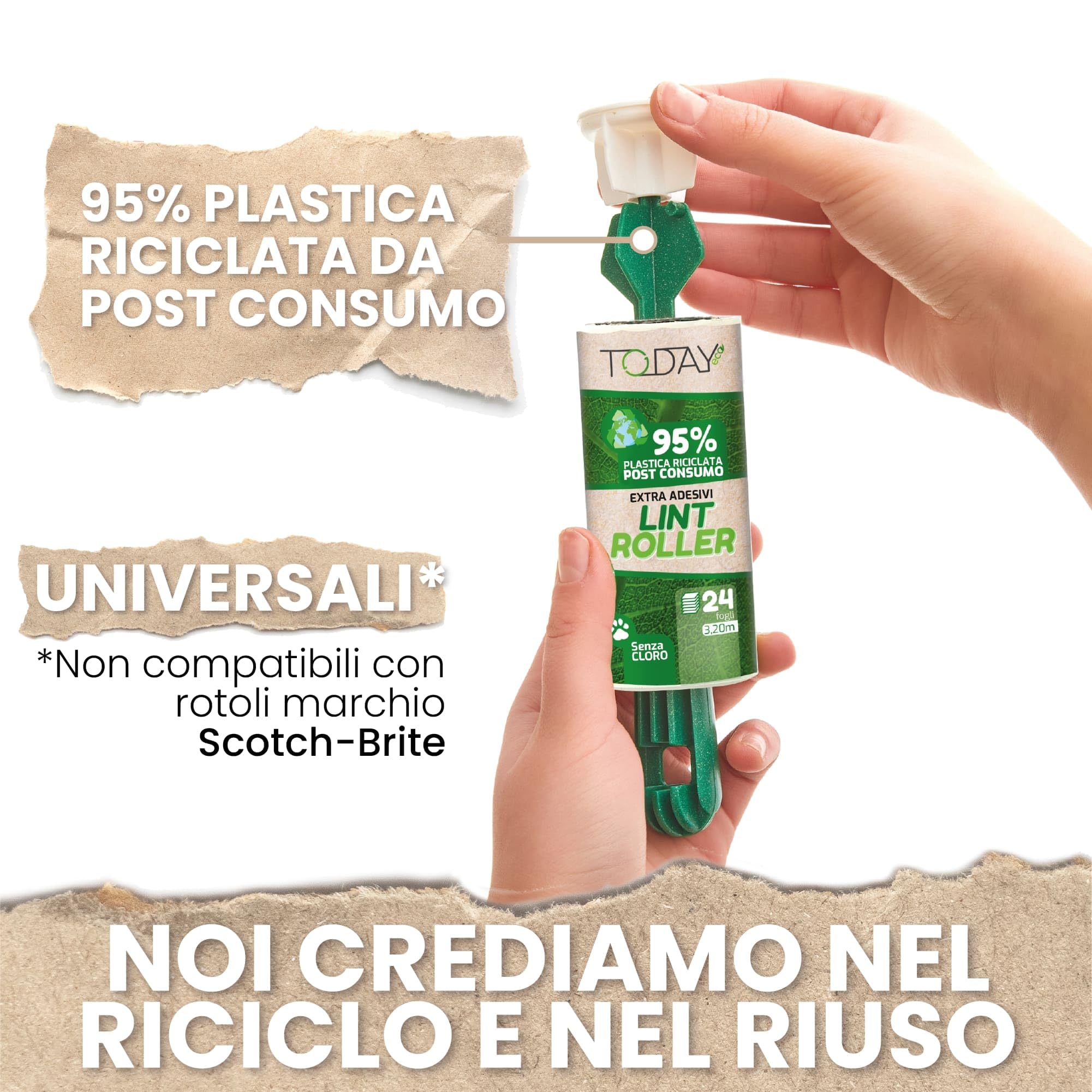 Today Eco - Spazzola levapelucchi 95% Riciclata - 28 Rotoli + Cover + 2 Manici, 24 strappi. Rullo togli peli Animali, spazzola adesiva cane e gatto - Made in Italy