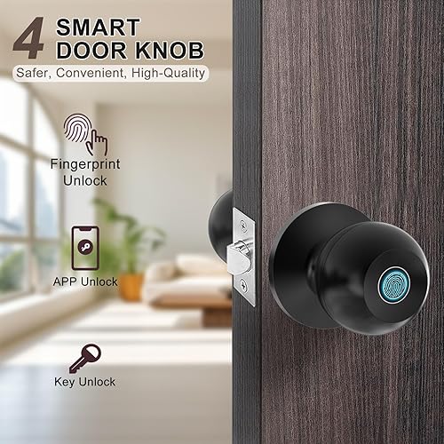 Miniatura 2 de Pomo de puerta inteligente, cerraduras de puerta de huellas dactilares para dormitorios con control de aplicación y llave, puerto tipo C, carga de