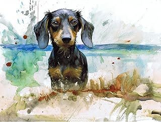 Beach Pup Adventures - Oscar Jetson Watercolour Art Print of a Dachshund Puppy Exploring the Shore, 230gsm Matte Paper, Hand-Signed Giclee Print, Available in Multiple Sizes (12x16 inches)