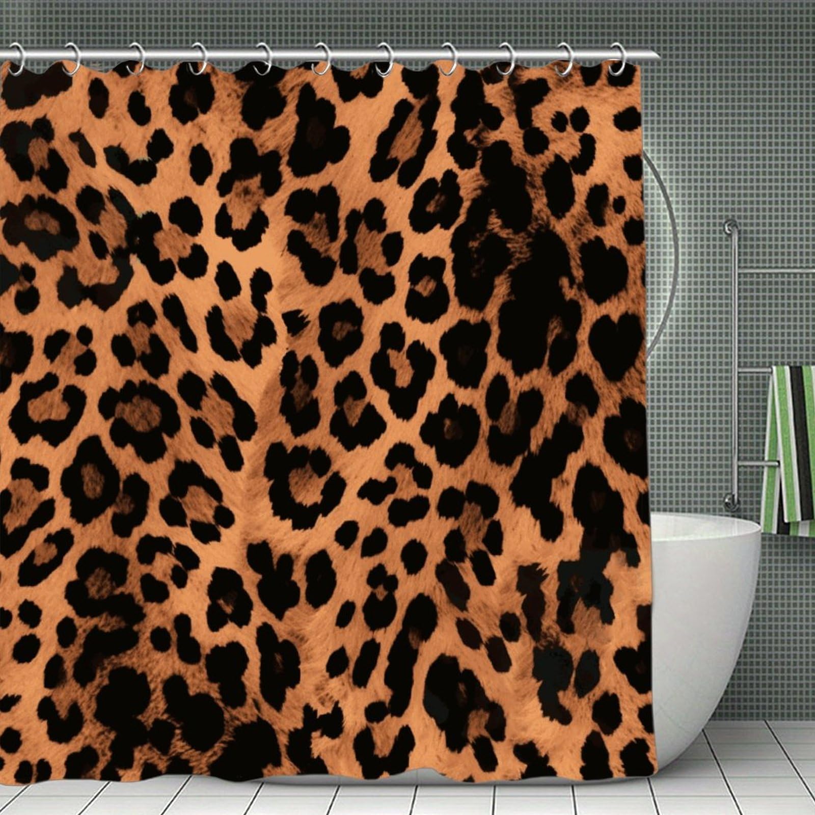 FekiLoot Leopard Pattern Shower Curtain with Hooks Modern Farmhouse Bathroom Curtain Waterproof Cloth Bath Curtains Cute Washable Blackout Privacy Curtains for Bathroom Bathtub 70.8"x70.8"