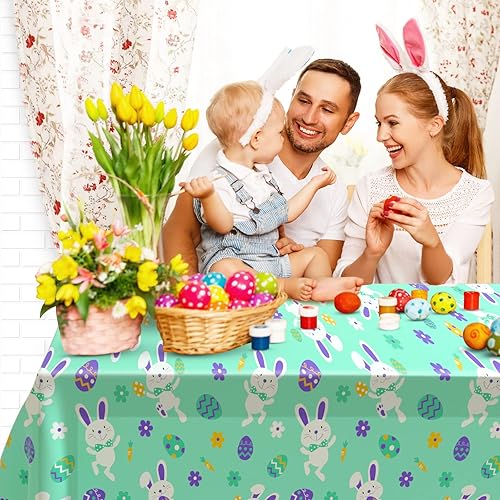 Miniatura 5 de ELECLAND Mantel de Pascua de plástico para mesa de huevos de Pascua, 53.9 x 107.9 in, mantel rectangular de conejo de Pascua, cubierta de mesa para