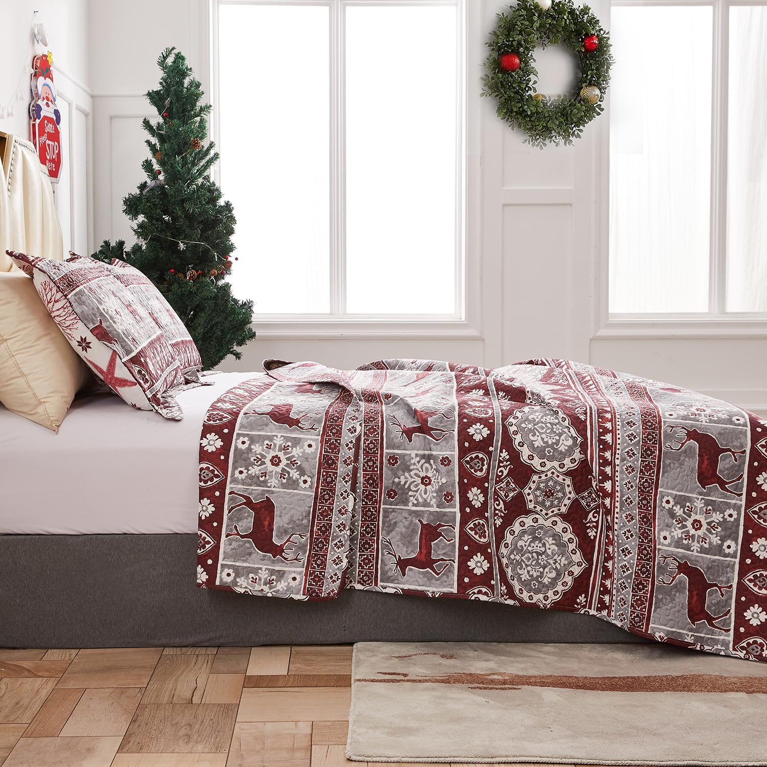 Hailea Christmas Quilt Set King Size Moose Deer Bedding Sets Xmas Lodge Cabin Bedspread Coverlet Lightweight Rustic Bedding Cover Red Grey Elk Snowflake Holiday Xmas Quils Western Country Decor
