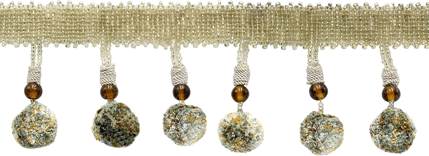 DÉCOPRO 3" Long (7.5cm) Marrakesh Collection Glass Beaded Tassel Fringe Trim with Pompom Ball (PPFRWB), Light Sand Blue Multicolor #VL05 (Light Blue, Sand Beige, Baby Blue) 12 Yards (36 ft/11m)