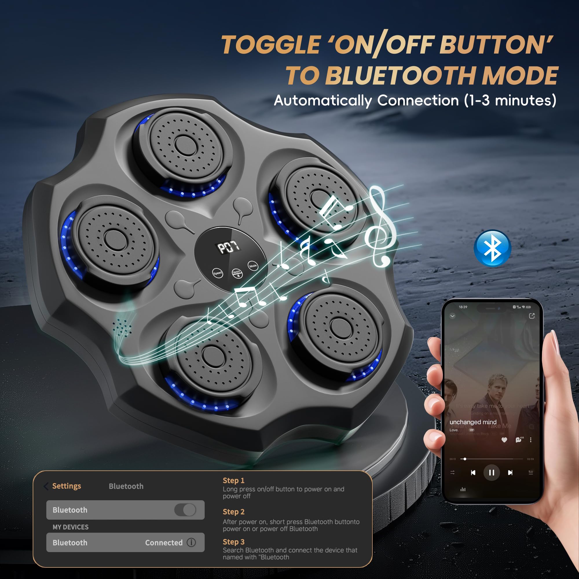 Machine de Boxe Mural Musique - Music Boxing Machine Adulte Punching Ball, Beatpunch de Sac de Frappe Jeu Musicale Cible, 9 Modes, Vitesse, Bluetooth avec MMA Gants, Gym Sports Stress Training Kits