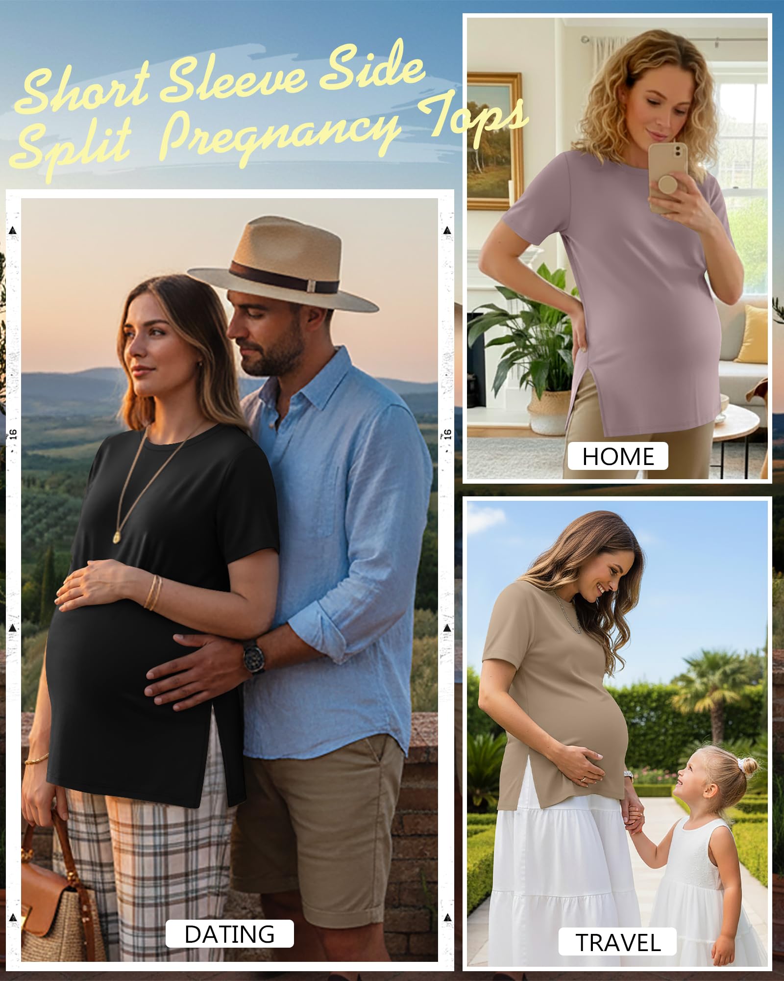 Ficerd Lot de 3 T-Shirts de Maternité pour Femmes Enceintes, Manches Courtes, Fentes Latérales, Col Rond, Vêtements de Maman